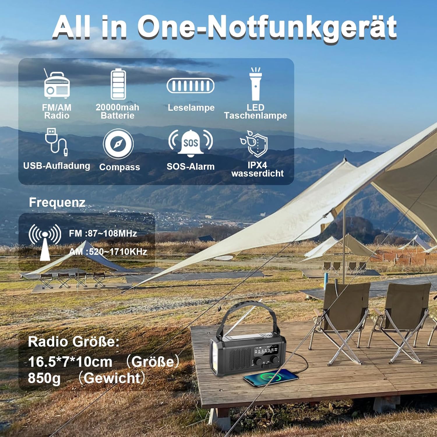 YIKANWEN Kurbelradio mit 20.000-mAh-Akku, wiederaufladbar, tragbarer Solarradio-Dynamo mit AM/FM/NOAA, Powerbank, LED-Campinglicht, SOS-Alarm, Kompass, Schwarz – Bild 2