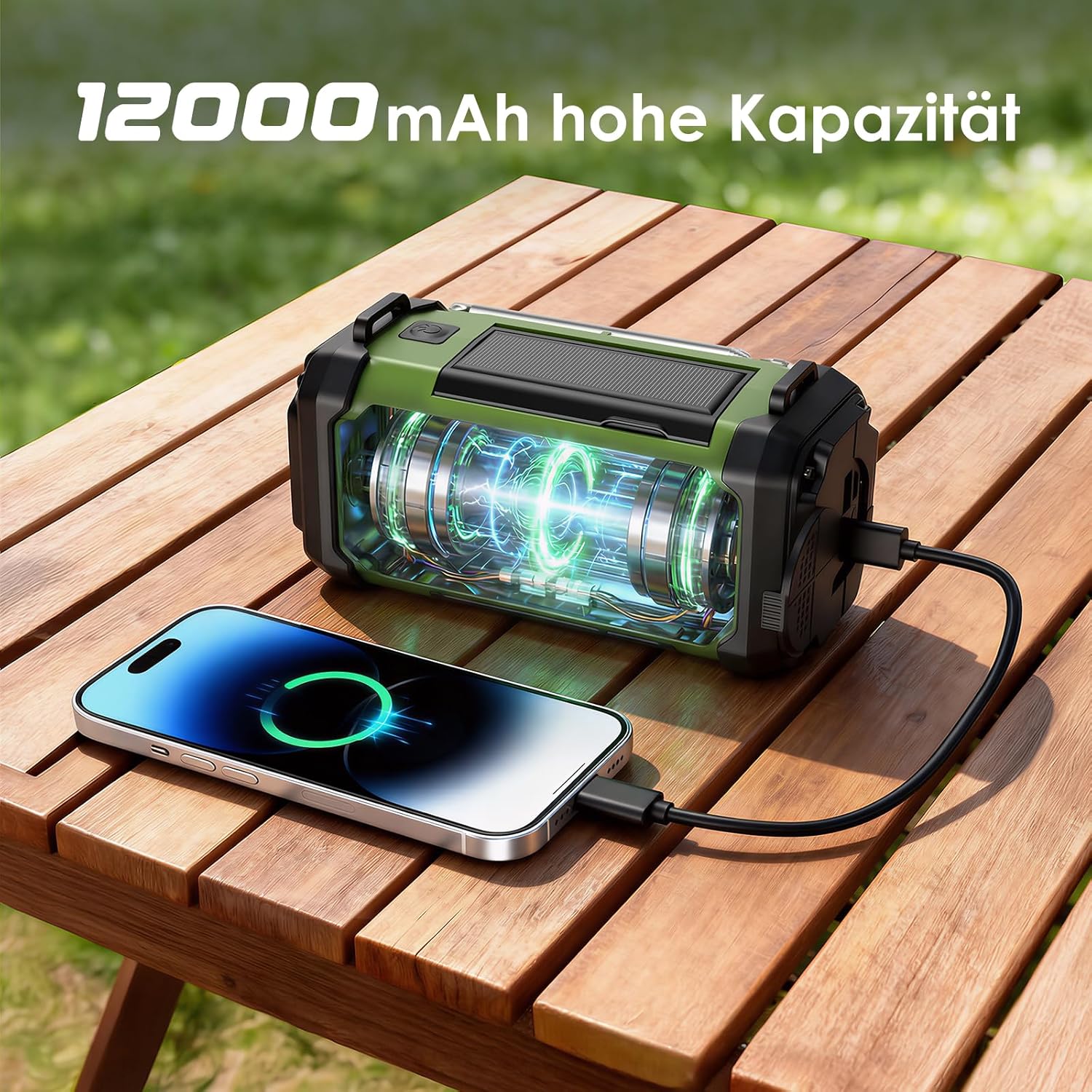 Vikeri Kurbelradio 12000 mAh, Notfallradio mit Kurbel und Solar mit AM/FM/SW, LED-Campinglicht, SOS-Alarm, Kompass, USB-C-Handyladung, tragbares Radio mit Tragegurt für den Notfall (Grün). – Bild 4