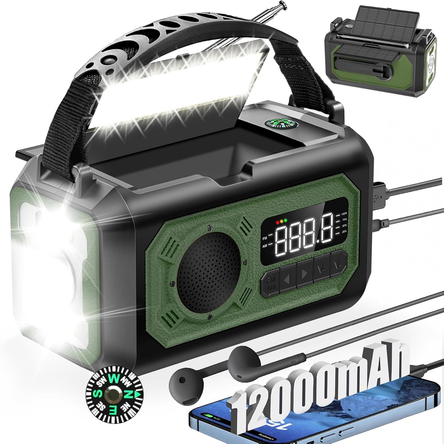 12000 mAh Kurbelradio mit Handy-Ladefunktion, Solar, 2 Solarpanels, AM/FM-Radio-Kurbel-Notfall, 3 Lademethoden, 7-in-1 tragbares Notfallradio, SOS, Taschenlampe, Kopfhöreranschluss, Kompass, Leselampe