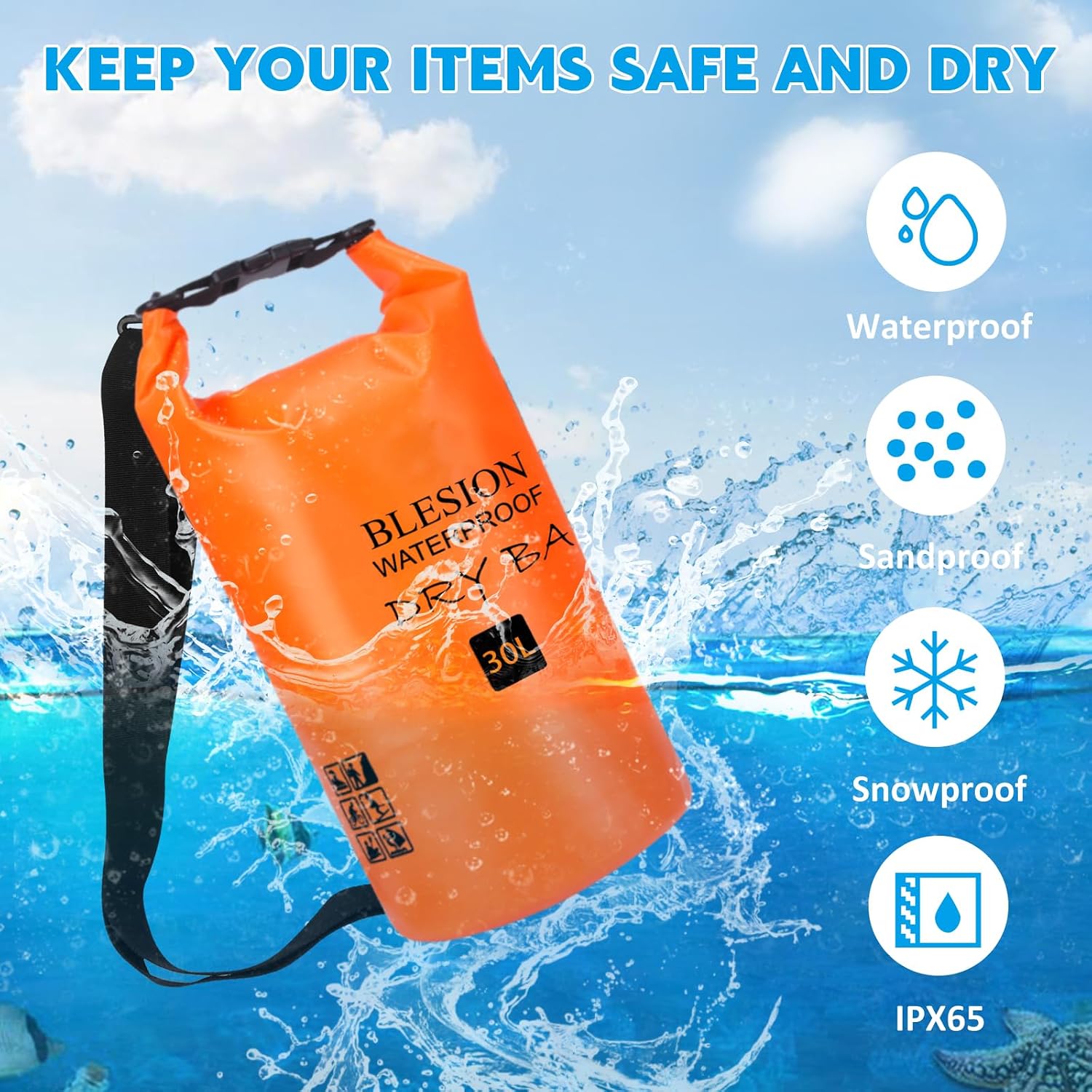 BLESION Trockentasche, 5 l/10 l/15 l/20 l/30 l, wasserdichte Tasche, verstellbarer Schultergurt, wasserdichter Rucksack für Kajakfahren, Angeln, Schwimmen, Wandern, Reisen – Bild 3