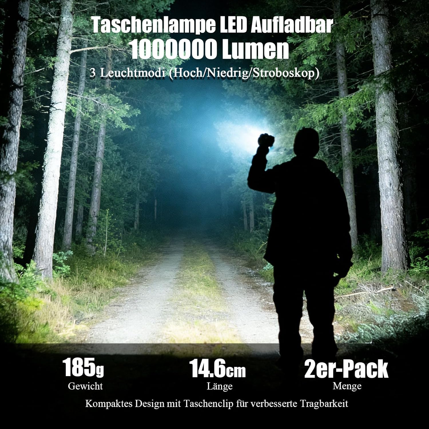 Taschenlampe LED wiederaufladbar, 2er-Pack, 1000.000 Lumen, extrem hell, bis zu 1500 m Reichweite, 3 Lichtmodi & zoombar, IPX7 wasserdicht, taktische LED-Taschenlampe für Camping/Outdoor/Wandern – Bild 2
