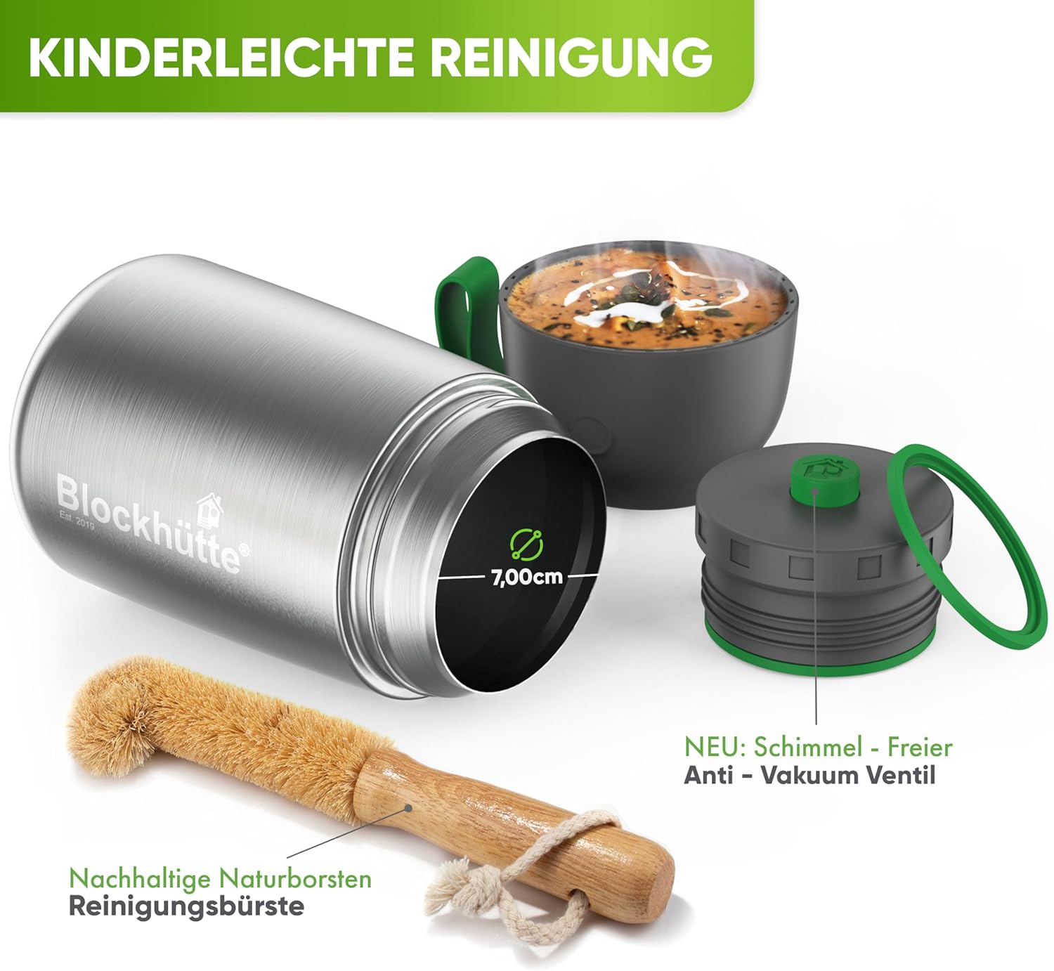 Blockhütte Isolierter Thermobehälter aus Edelstahl, 530 ml - 730 ml, mit Bürste & Göffel, Thermo-Lunchbox für Erwachsene & Kinder, Thermobecher, Babybrei & Müsli – Bild 6