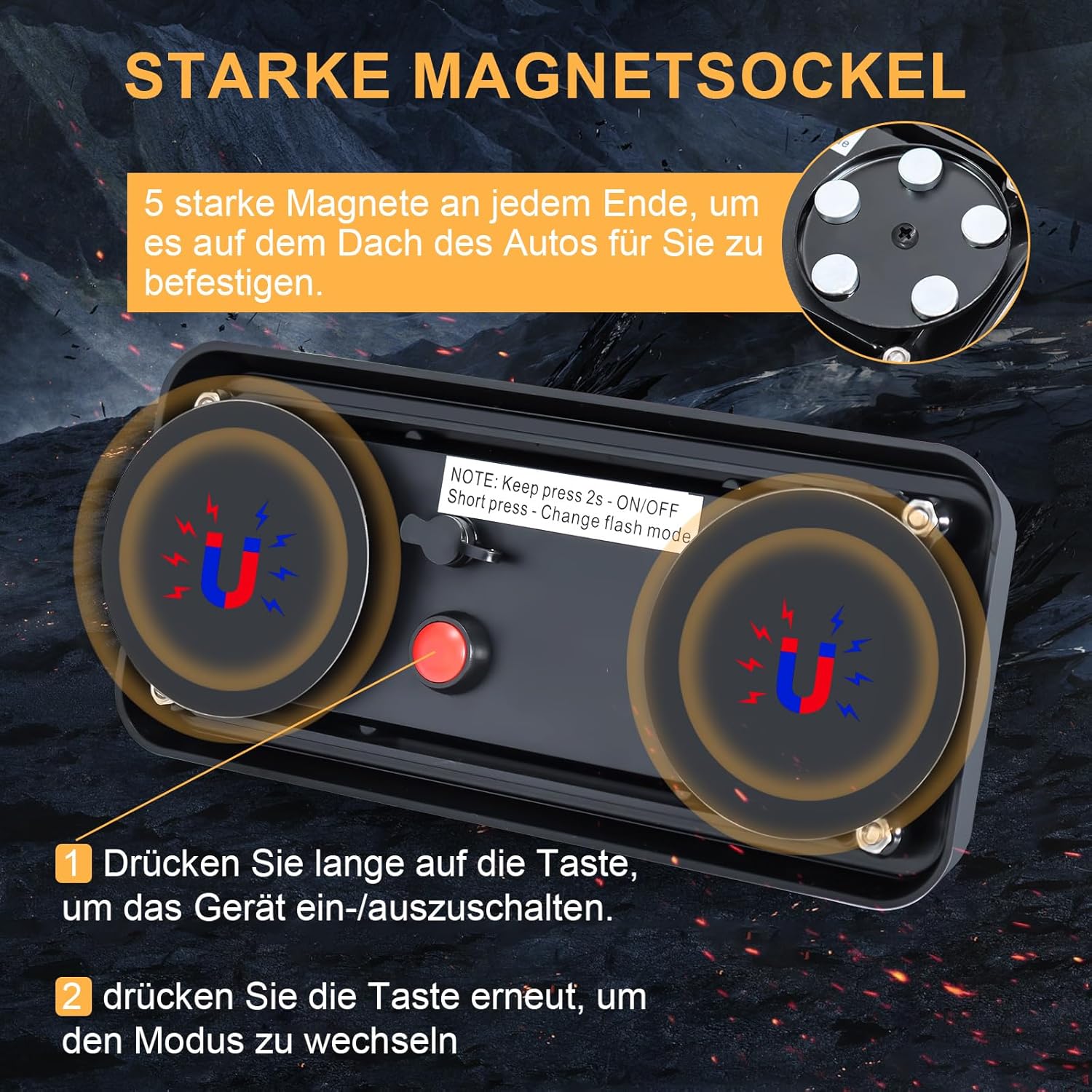Dinfu LED-Warnleuchte, Batterie mit Fernbedienung, 12 V, gelbes Blinklicht, Auto-Magnet, kabellos, 5 Modi, wiederaufladbar, tragbar, LED-Blitzlicht mit Ladekabel für Auto, LKW, Traktor, Auto, LKW – Bild 4
