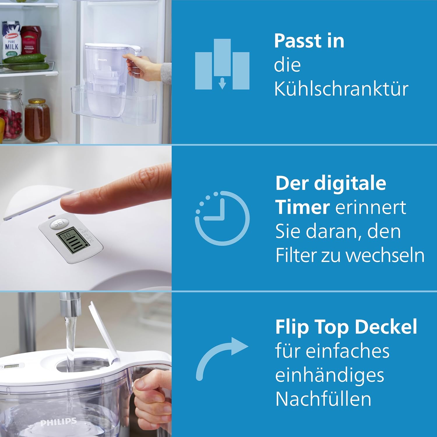 Philips Wasserfilterkanne +4 Micro X-Clean Ersatzfilterkartuschen, schneller Durchfluss, Weiß, 2,6 Liter, elektronischer Timer – Bild 6