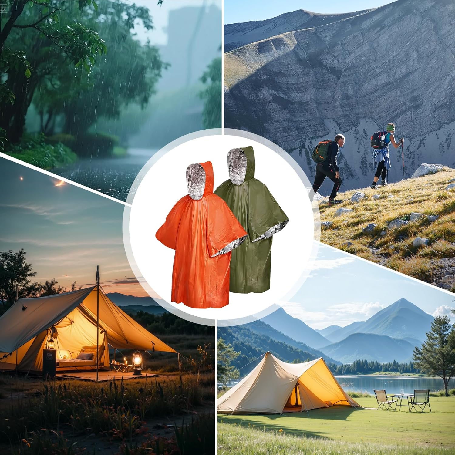 4 Stück Notfallponcho, Regenponcho, Rettungsdecke, Biwaktasche, hält warm und trocken, Notfallausrüstung, geeignet für Wandern, Camping, Wandern und Notfälle (Orange/Grün) – Bild 7