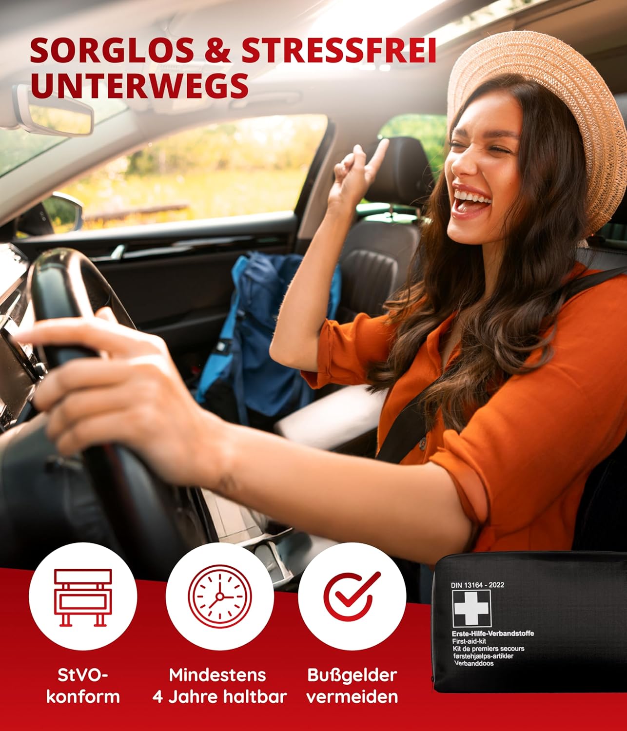 Auto-Verbandstasche 2026/2027 (DIN 13164-2022) – kompaktes Erste-Hilfe-Set – lange Haltbarkeit – Erste-Hilfe-Set – StVO-konform – Schwarz – Bild 2