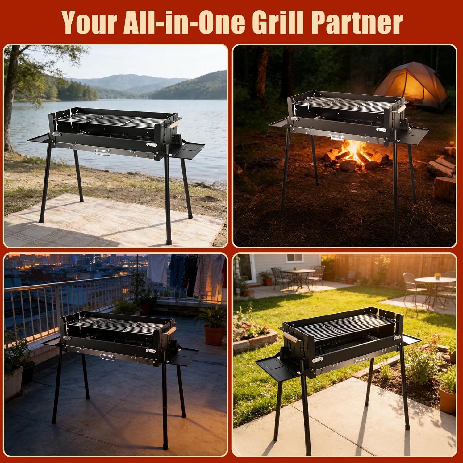 Denmay Großer Klappgrill, tragbarer Campinggrill mit Rahmen, Picknickgrill inklusive Grillrost, Holzkohlegrills, Grill BBQ tragbar, Tischgrill, Campinggrill, Mangal-Grill, Kebab – Bild 7