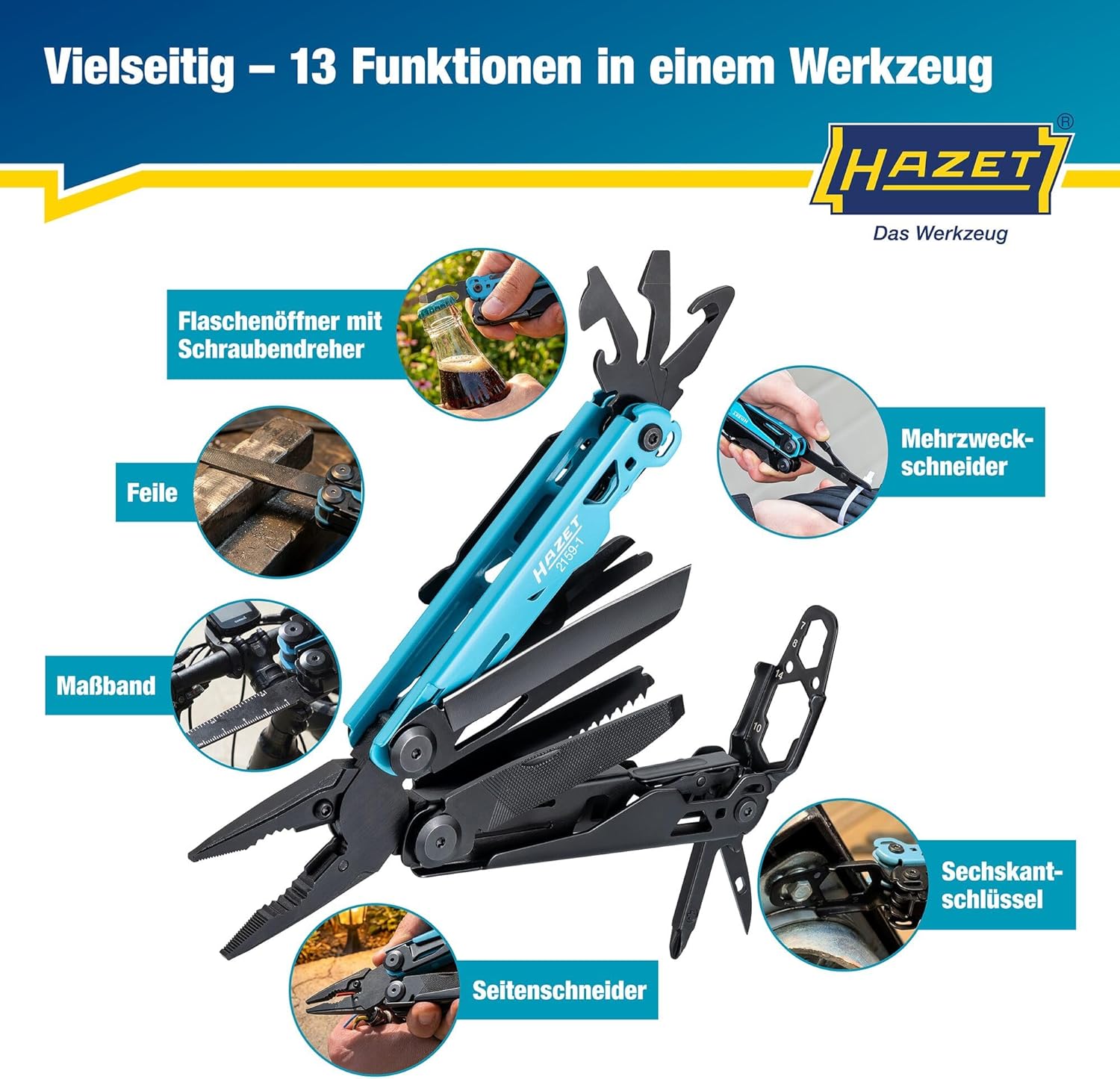 HAZET Multitool 2159-1 13-in-1 Spitzzange aus Edelstahl, Messer, Säge, Schraubendreher, Sechskantschlüssel, Schere, Gürtelclip mit robuster Gürteltasche – Bild 3