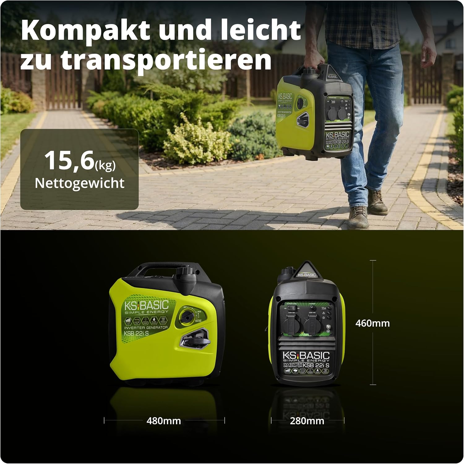 K&S BASIC KSB 22i S Inverter-Generator, Stromerzeuger 2000 W, elektronische Umwandlung, leiser leichter Benzin-Notstromgenerator, Euro-V-Motor, 2 x 16 A (230 V) Steckdosen, ECON-Modus, Schallschutzgehäuse – Bild 6