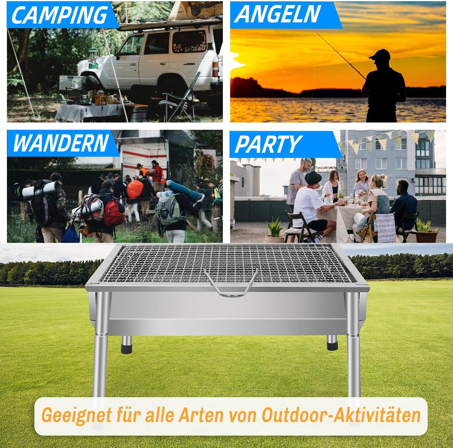 Holzkohlegrill aus Edelstahl, zusammenklappbare Outdoor-BBQ-Grills, tragbarer Campinggrill – drei Größen – Bild 5