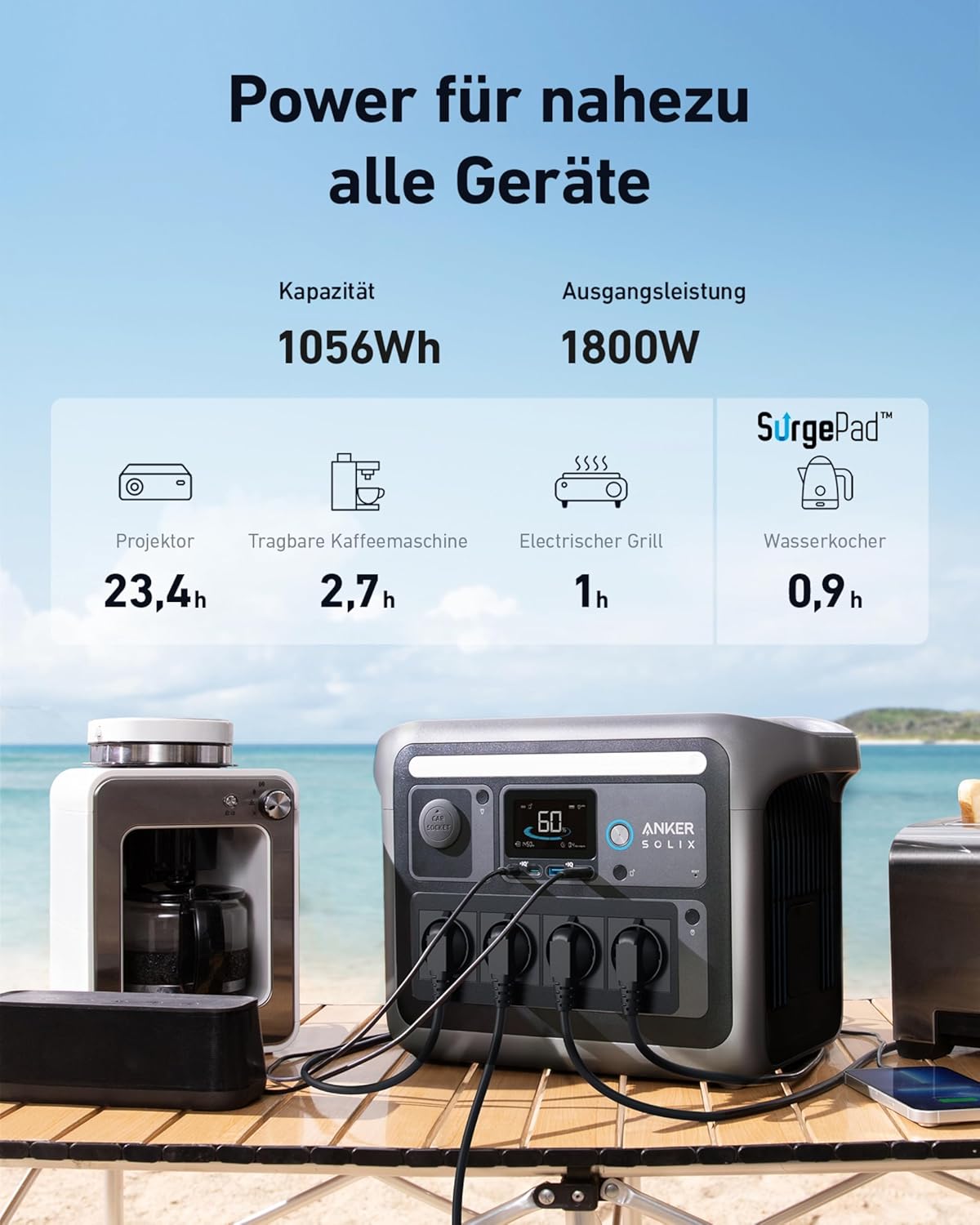 Anker Solix C1000 Tragbares Kraftwerk, LiFePO4, 1800 W Solargenerator, 100 % aufgeladen in 58 Minuten mit UltraFast-Modus, LFP-Kraftwerk für Outdoor, Camping und Gangreserve (optionales Solarpanel) – Bild 4
