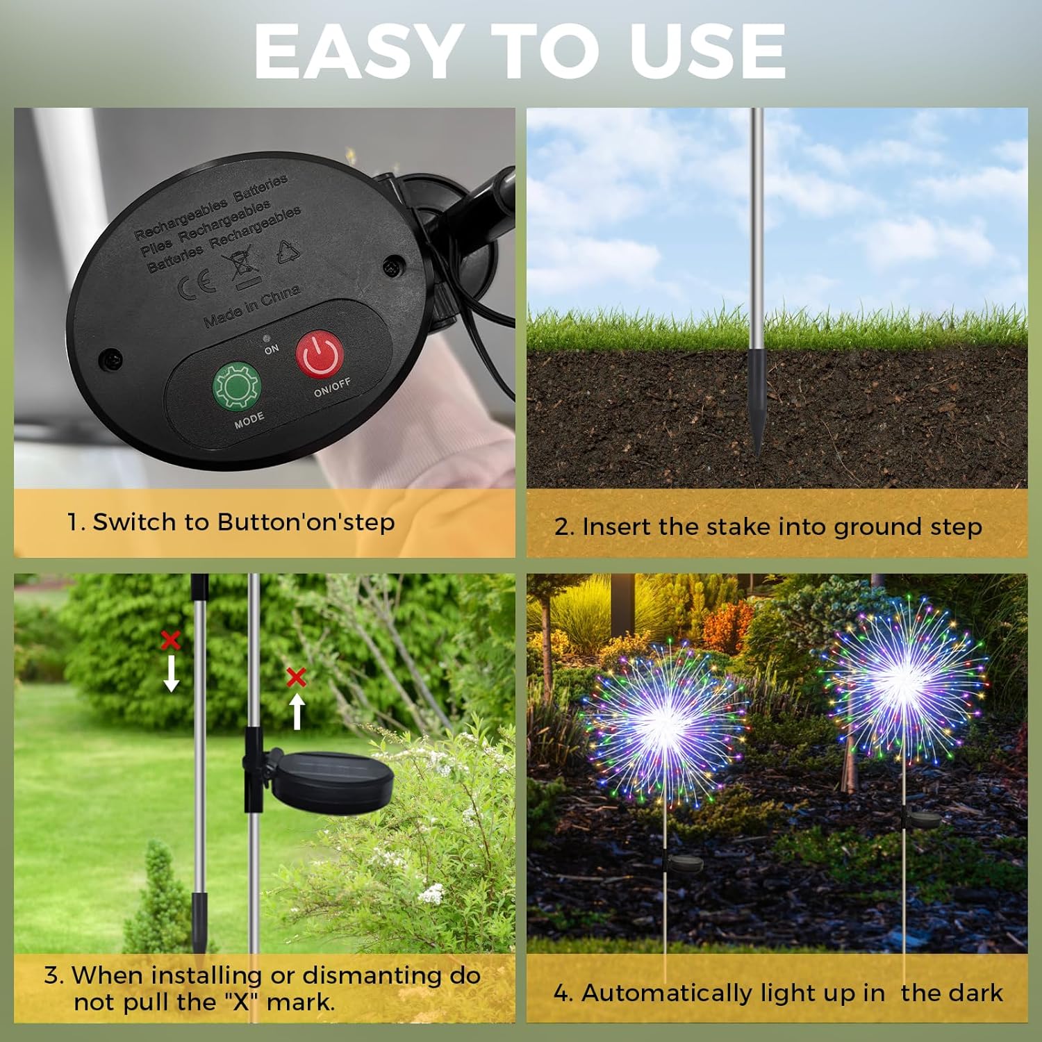 CNMTCCO 2 Stück Solar Feuerwerk Gartenlichter, Solar Garten Dekorative Lichter mit 120 LED Warmweiß Solarstecker Gartenleuchten für Hinterhof Weg Rasen Terrasse (Farbig) – Bild 4