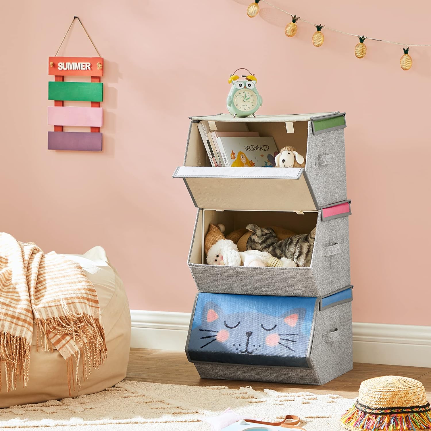 SONGMICS Aufbewahrungsboxen, 3er-Set, faltbare Stoffboxen mit Griffen, Organizer, magnetischer Deckel, für Kinderzimmer, Spielzimmer, Tiermotive, rosa, blau, grün und grau, RFB760P01 – Bild 4