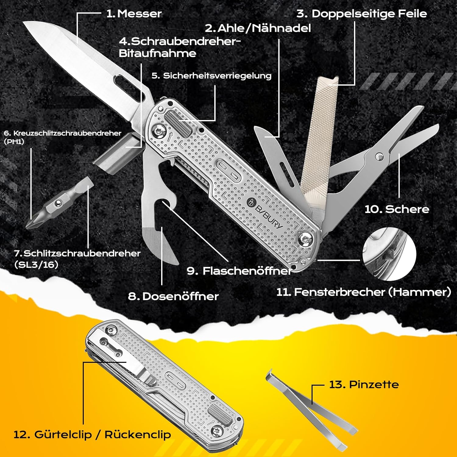 BIBURY Geschenke für Männer, Multitool EDC Taschenmesser, Survival Messer Edelstahl, Messer Outdoor, Papa Geschenk, Geburtstagsgeschenk Gadgets für Männer, Adventskalender Füllung Geschenke Männer – Bild 9