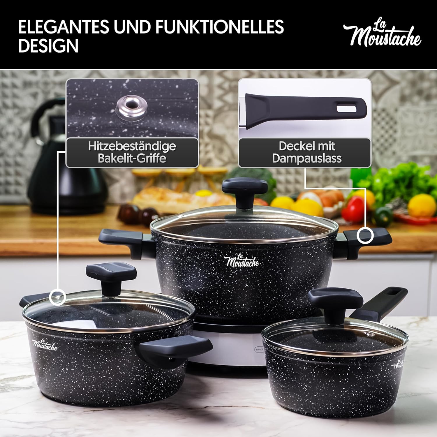La Mustache – 8-teiliges Aluminium-Kochgeschirr-Set mit E-Book, Antihaftbeschichtung, 3 Töpfen, 3 Glasdeckeln und 2 Bratpfannen für alle Herdarten einschließlich Induktion, PFOA/PFOS-frei (Onix) – Bild 6