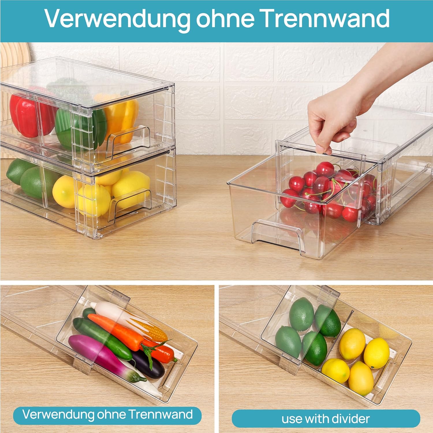 Vtopmart 4 Stück stapelbare Aufbewahrungsschubladen, transparente Acryl-Schubladen-Organizer mit Griffen, Aufbewahrungs-Organizer für Kühlschrank, Badezimmer, Schrank, Speisekammer, Acryl – Bild 7