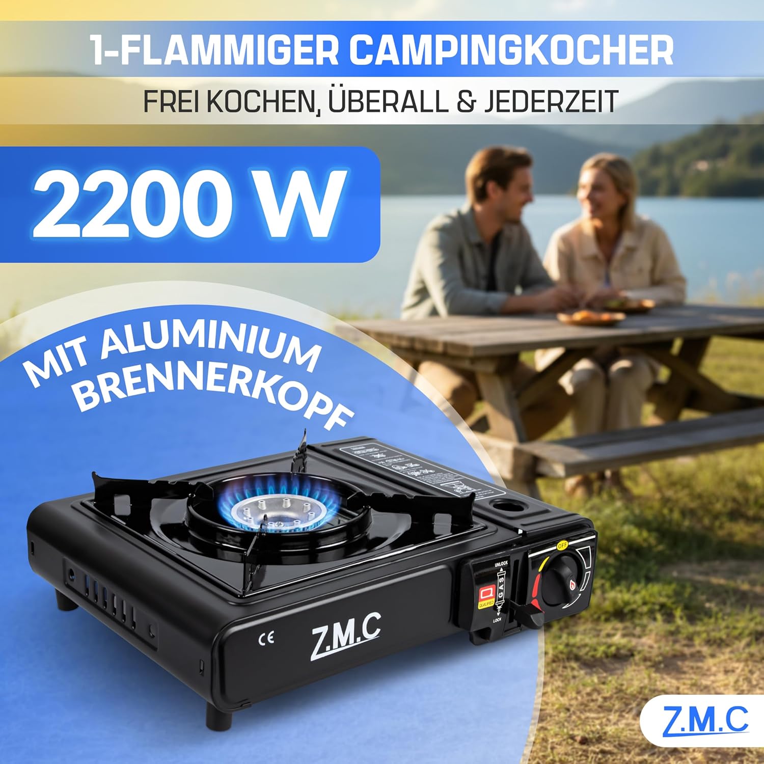 ZMC Gaskocher 1-flammig 2,2 kW Campingkocher mit Piezo-Zündung, Transportkoffer & LPG-Adapter optional mit Gaskartuschen 227 g & Grillplatte für Camping, Outdoor & Notfall – Bild 5