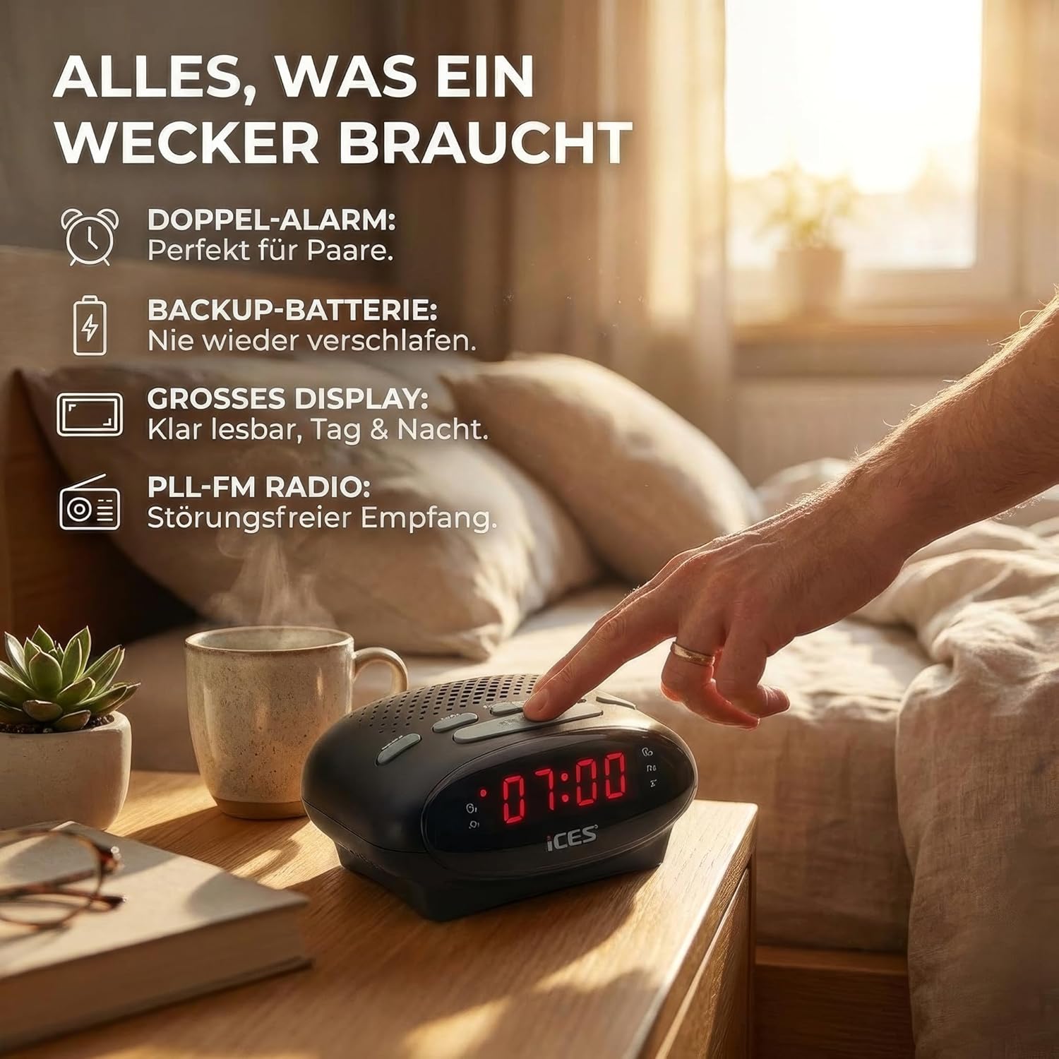 iCES ICR-210 Uhrenradio (2X Weckzeiten, Schlummerfunktion, Sleep-Timer) schwarz | ICR-210 – PLL FM – Schlummerfunktion – Sleep-Timer – Gangreserve – kompakt – Schwarz – Bild 3