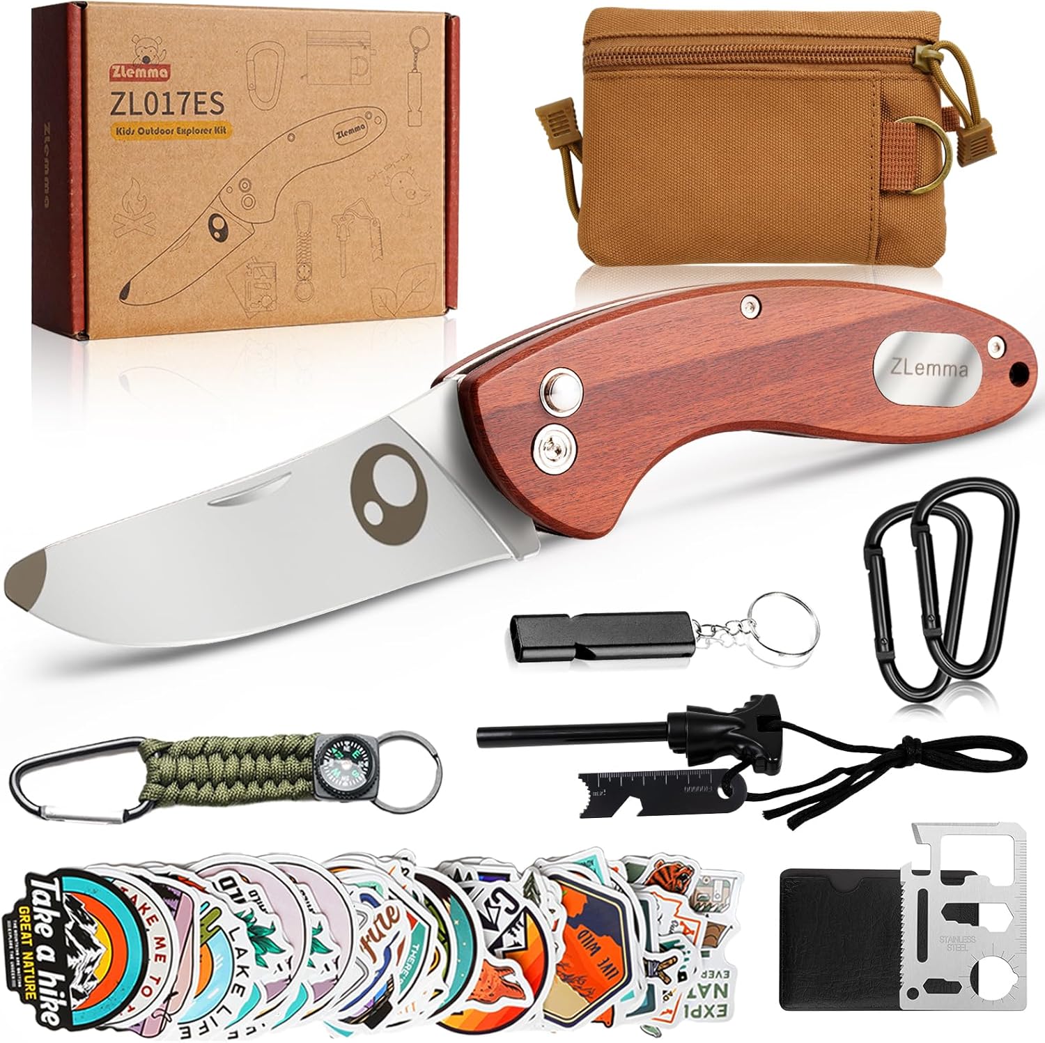 Outdoor-Survival-Set für Kinder mit Taschenmesser, Multitool, Feueranzünder, Kompass, Paracord, Pfeife, Karabinern und wasserdichter Tasche – Camping-Abenteuerset für Jungen und Mädchen