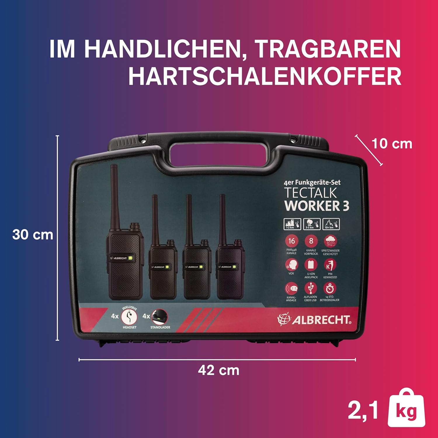 Albrecht Tectalk Worker 3 Kofferset, 4 Walkie Talkies & Zubehör, PMR446 Funkgeräte mit VOX, Robust für Baustelle, Sicherheit, Betrieb & Outdoor – Bild 5