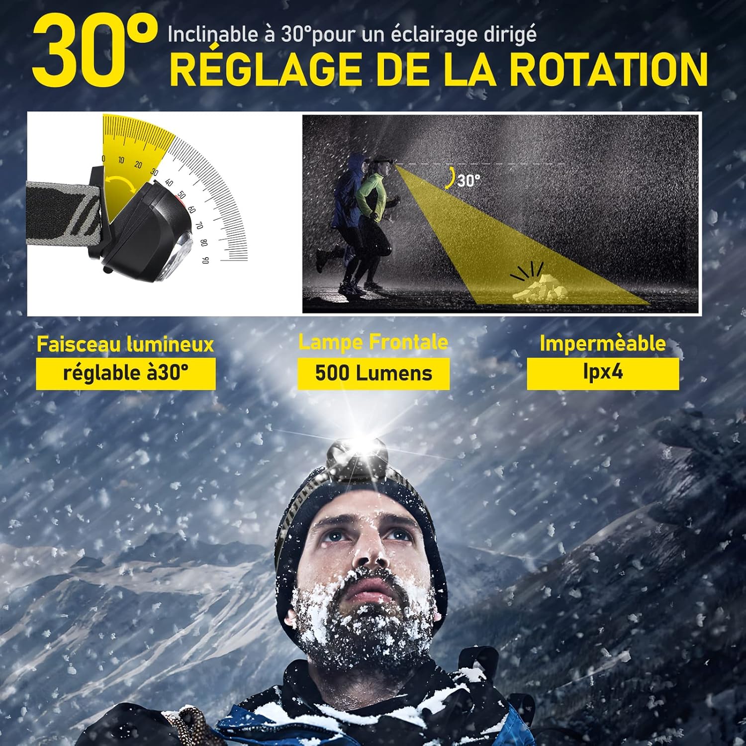 Vinabo Stirnlampe, leistungsstarke 6-Stufen-Stirnlampe, ultrahelle LED-Stirnlampe mit 30° verstellbarer Beleuchtung, 500 lm LED-Taschenlampe zum Lesen, Radfahren, Laufen, 3 AAA-Batterien im Lieferumfang enthalten – Bild 3