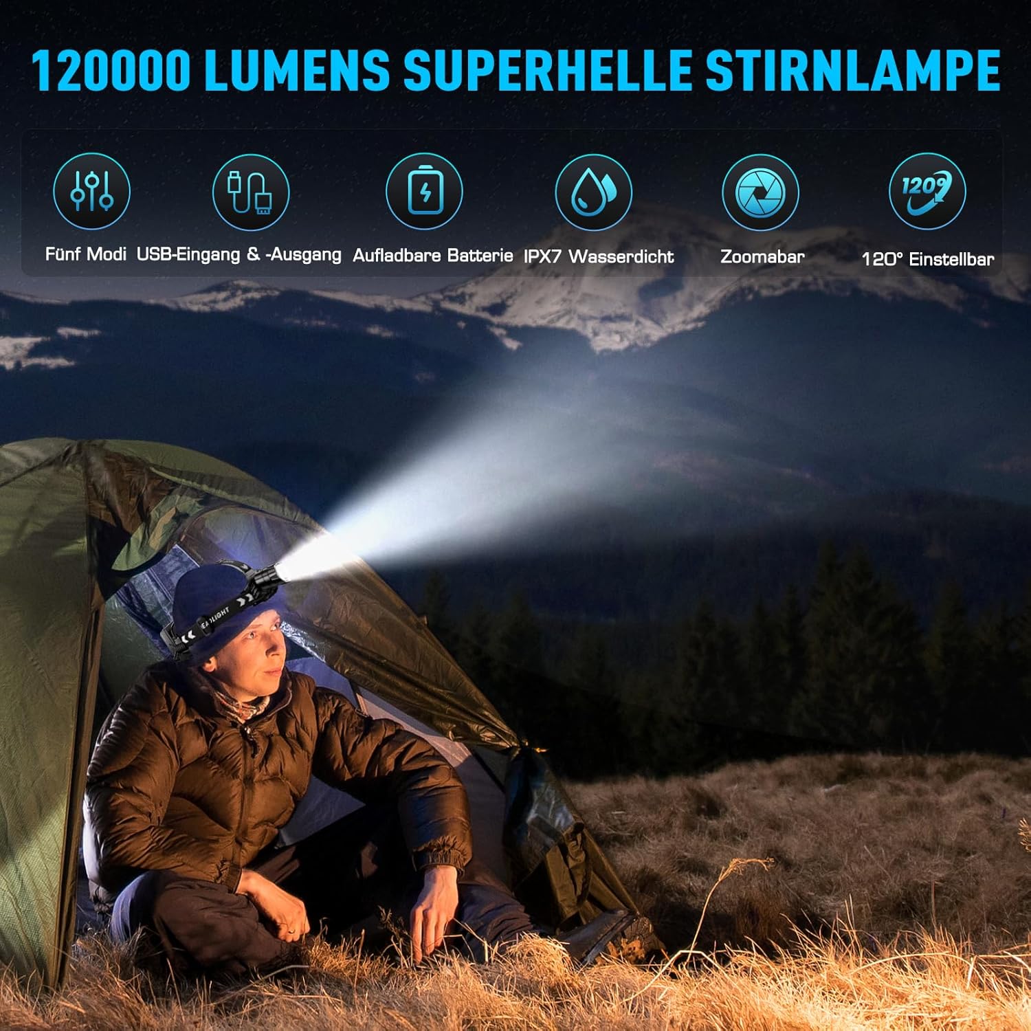 Glarylight LED wiederaufladbare Stirnlampe, superhelle 120.000 Lumen, komfortable Stirnlampe mit 5 Modi, IPX7 wasserdicht & 9000 mAh Akku & zoombar, 120° verstellbare Stirnlampen für Camping, Angeln, Outdoor – Bild 2
