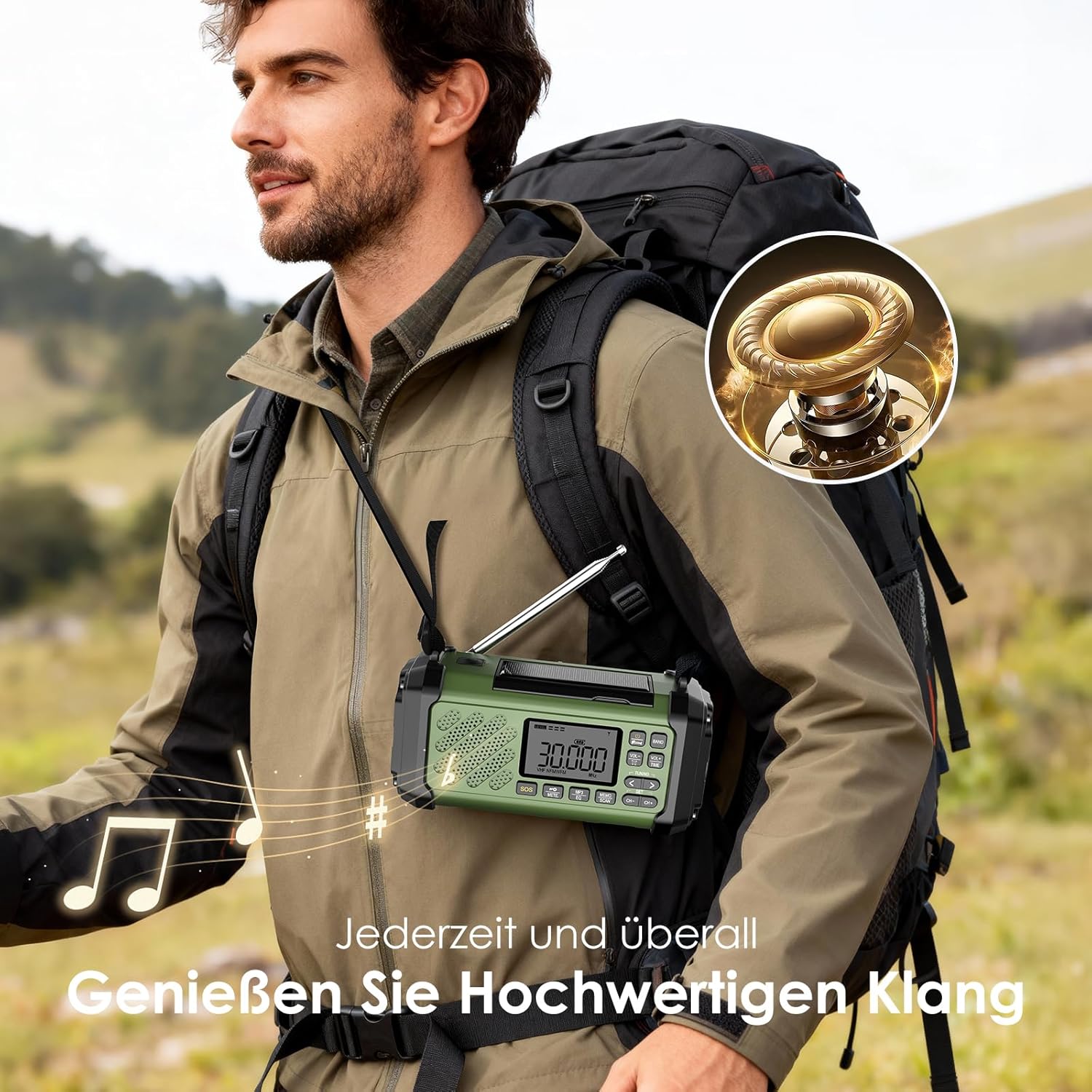 Vikeri Kurbelradio 12000 mAh, Notfallradio mit Kurbel und Solar mit AM/FM/SW, LED-Campinglicht, SOS-Alarm, Kompass, USB-C-Handyladung, tragbares Radio mit Tragegurt für den Notfall (Grün). – Bild 6