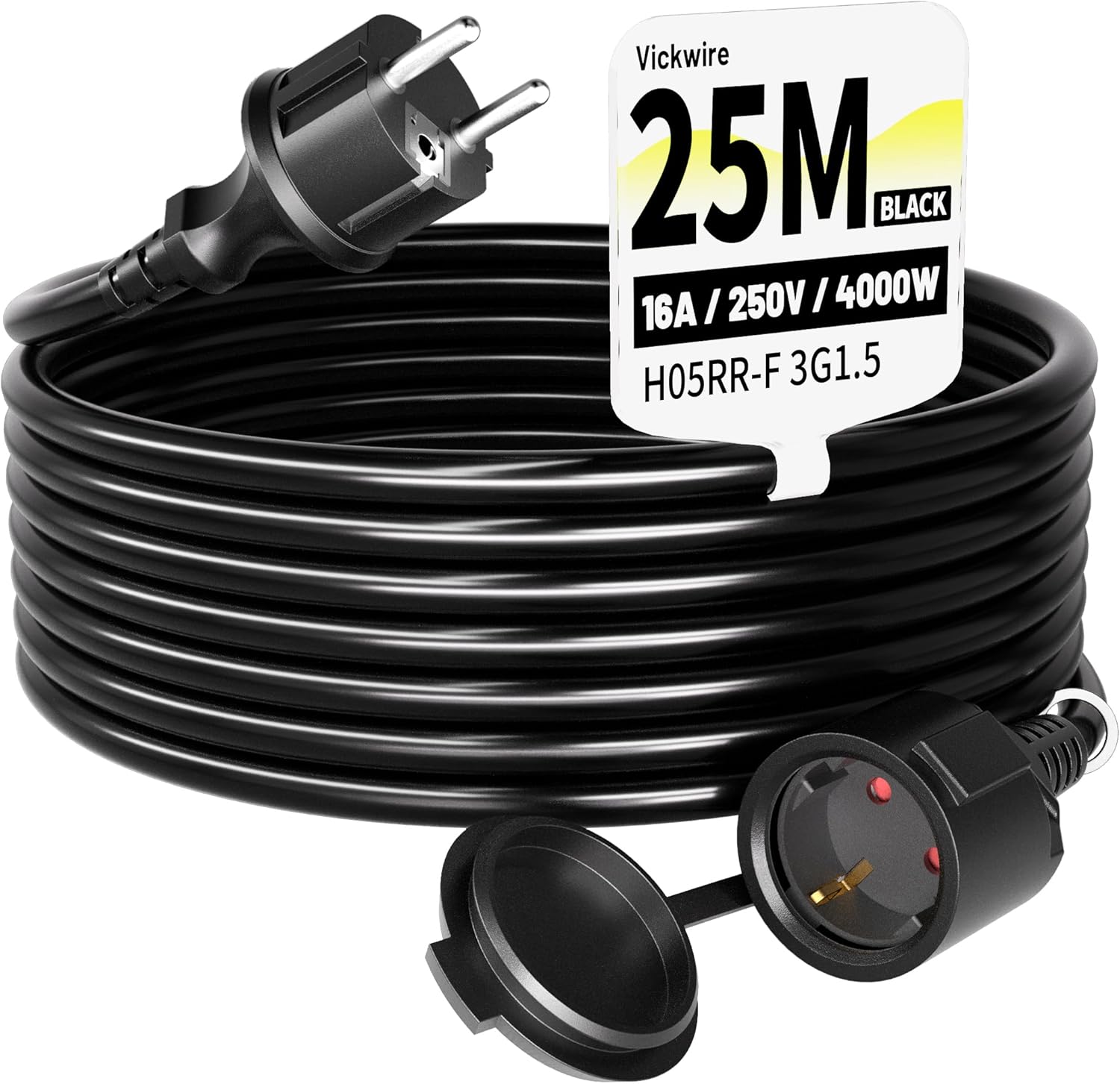 Gummi-Verlängerungskabel 25 m, Außenkabel, Kabelverlängerungen mit Schutzkontaktstecker, Schuko-Verlängerung 16 A/250 V, schwarz, H05RR-F 3G 1,5 mm²