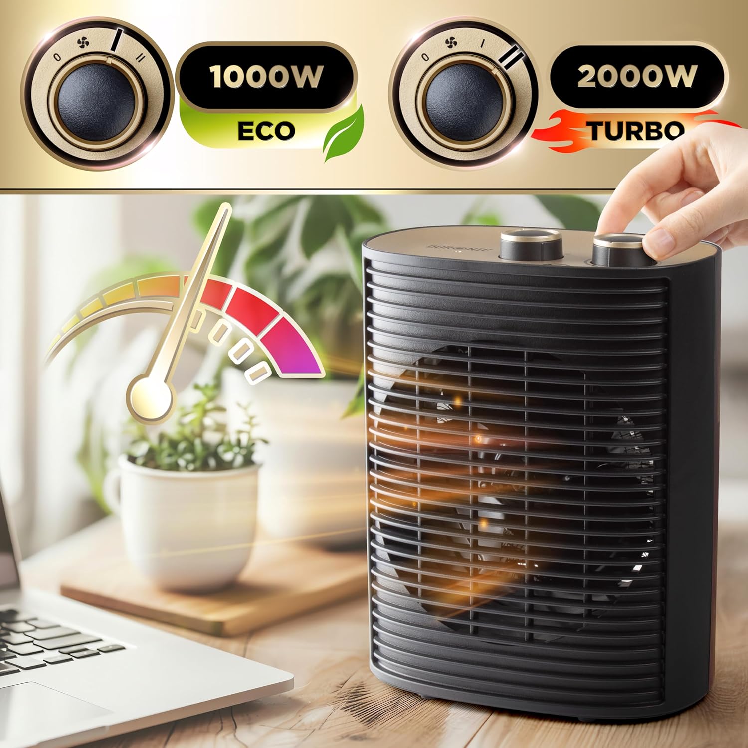 Duronic Heizlüfter, 2000 Watt Elektroheizung für Steckdose, kleine Mini-Heizung als Fußwärmer, elektrischer Heizkörper mit 2 Stufen, Kaltfunktion (HV32 BK) – Bild 3