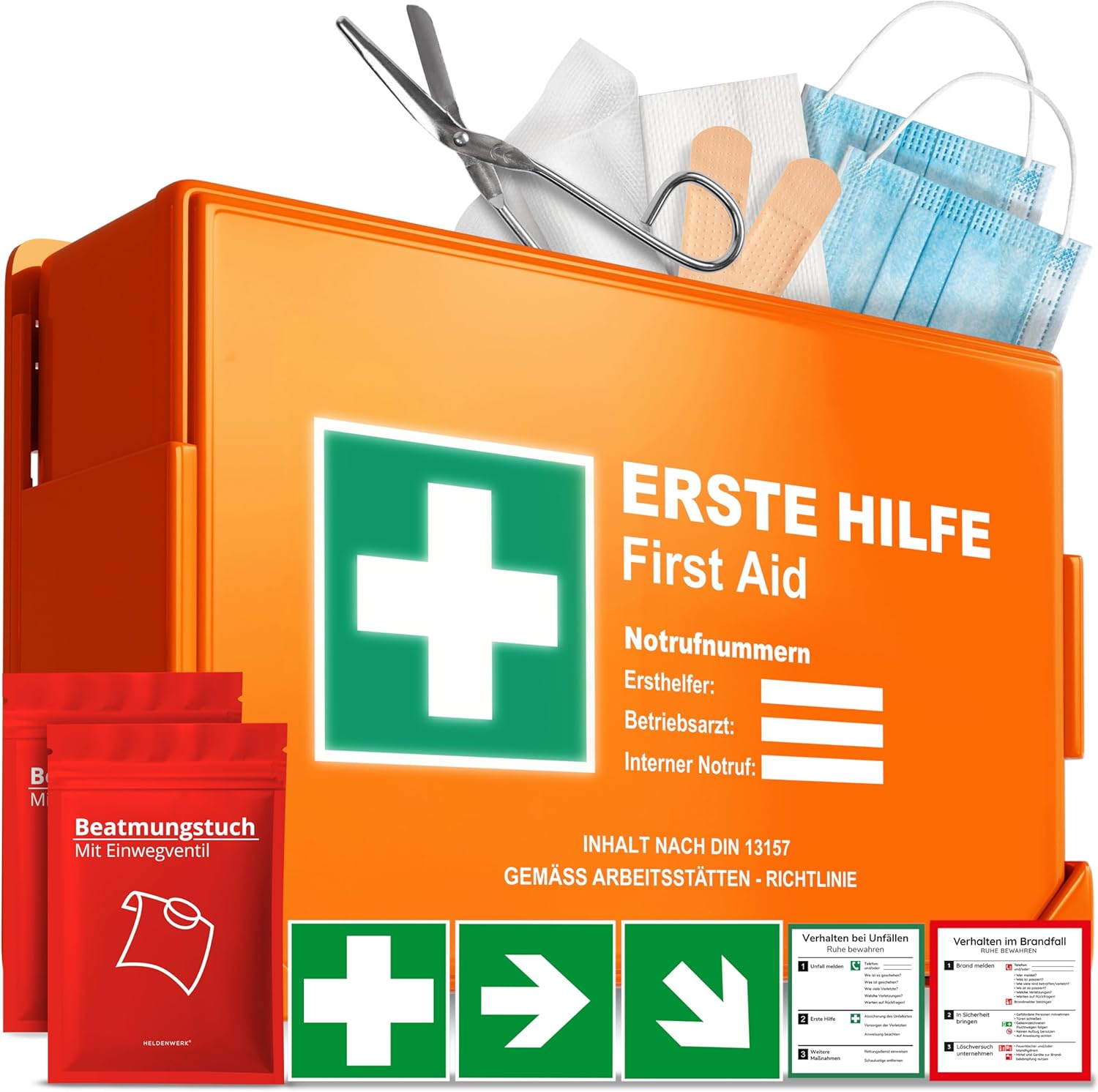 Erste-Hilfe-Kasten Version 2026 nach DIN 13157:2021 inkl. Wandhalterung & Aufkleber, universeller Erste-Hilfe-Koffer für Gewerbe, Haushalt oder Gastronomie – Büro-Erste-Hilfe-Kasten gefüllt, Sanitärkasten