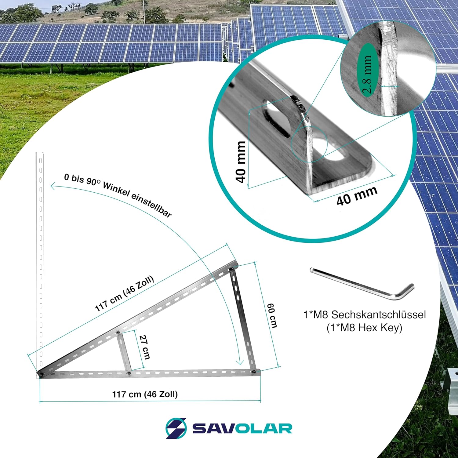 Solarpanel-Halterung, 2 Stück, Aluminium & Edelstahl, Wandmontage, für Balkonkraftwerk bis 117 cm, Winkel verstellbar 0–90°, kompatibel mit Solarmodulen 100 W–600 W Breite – Bild 4