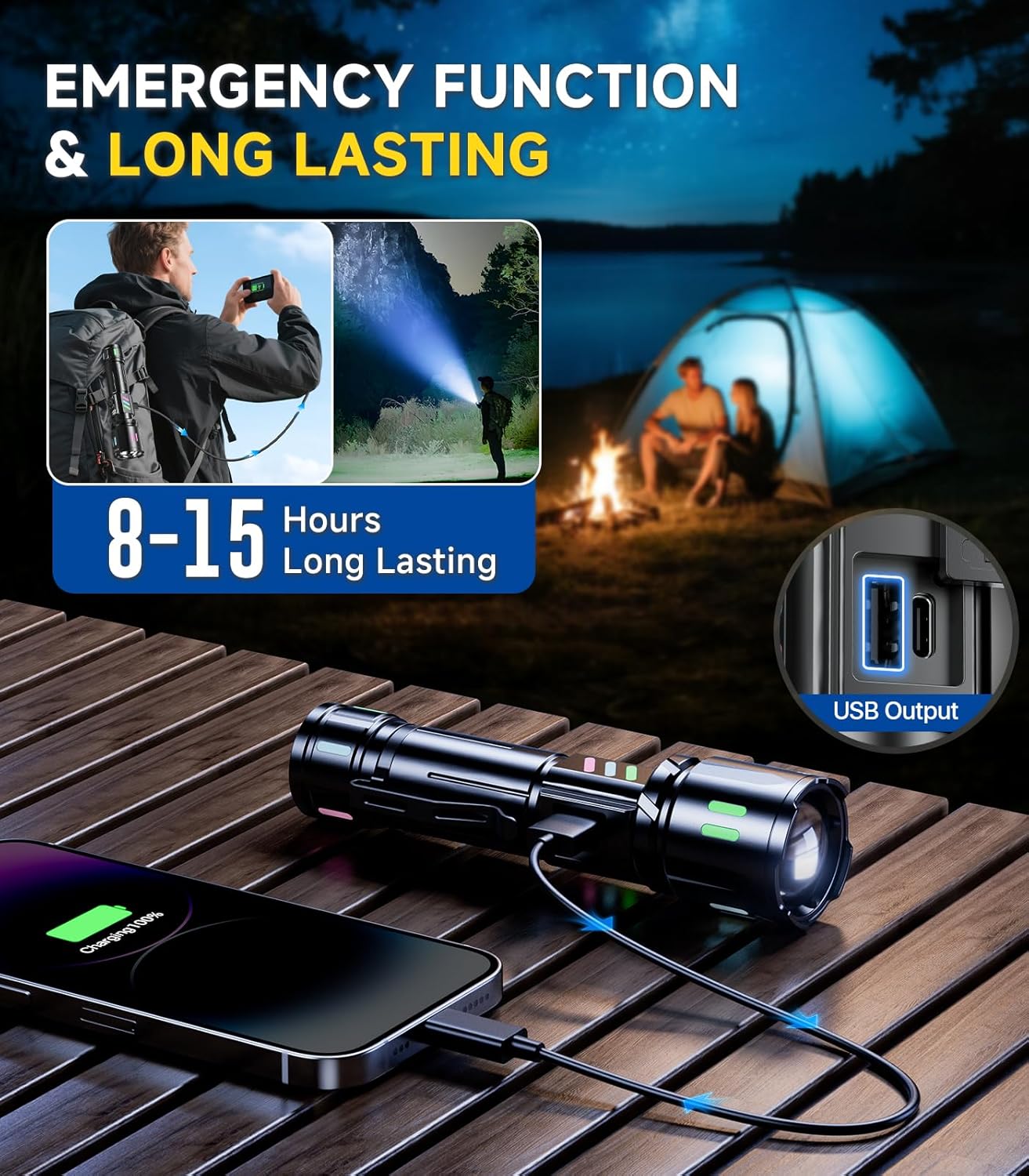 Esgofo Taschenlampe LED wiederaufladbar, extrem hell, 500.000 Lumen, sehr hell, langlebig, 15 Stunden, USB-C-Taschenlampe, große Reichweite 1000 m, einstellbarer Fokus und Lichtmodi, Taschenlampe für Sicherheit im Freien – Bild 5