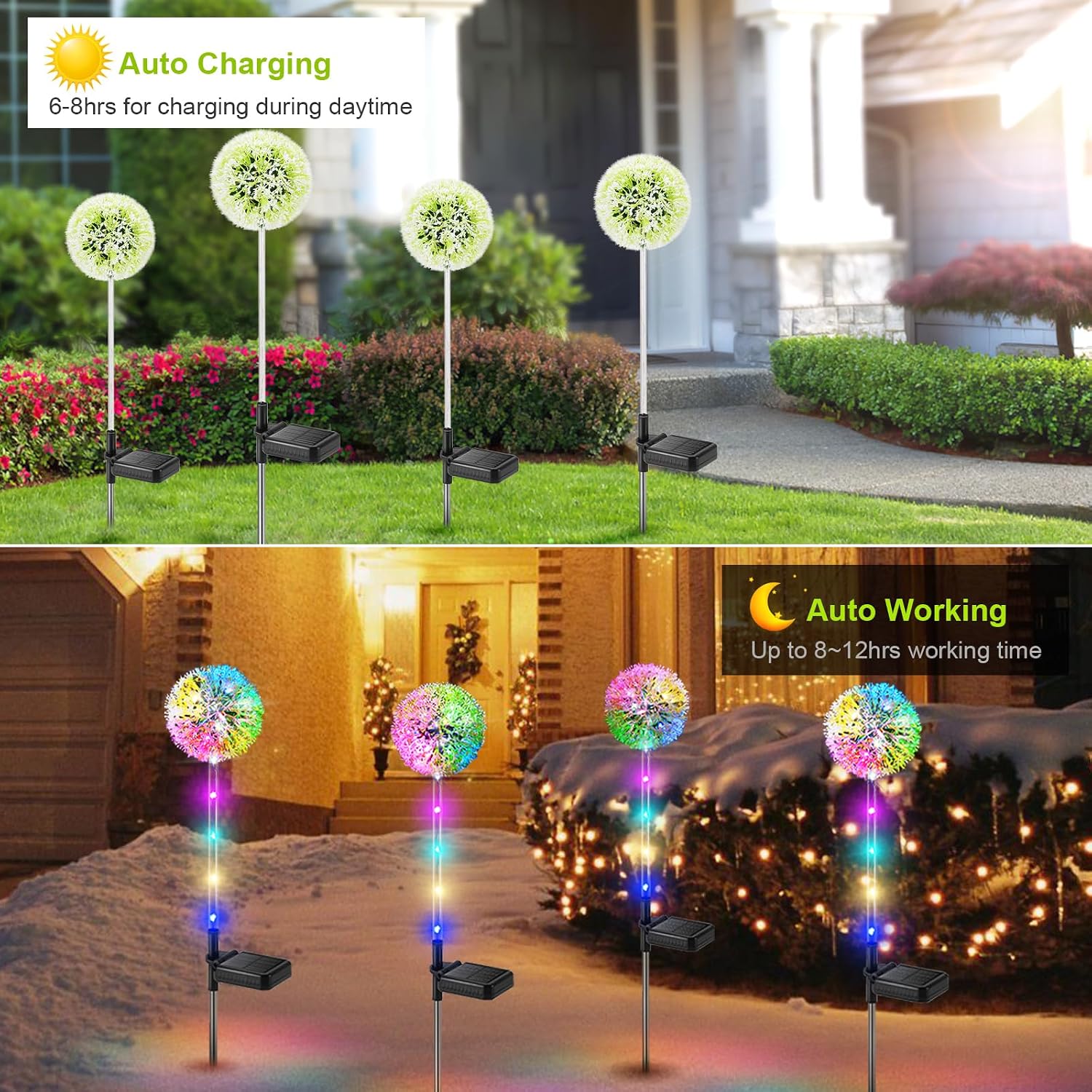 BUCASA Solarleuchten für den Garten im Freien, 4 Stück, Solarleuchten für den Außenbereich, Löwenzahn mit farbiger LED, IP65 wasserdichte Solar-Blumenlampe für Rasen, Balkon, Terrasse, Hof, Gartendekoration, Geschenke für Frauen – Bild 2