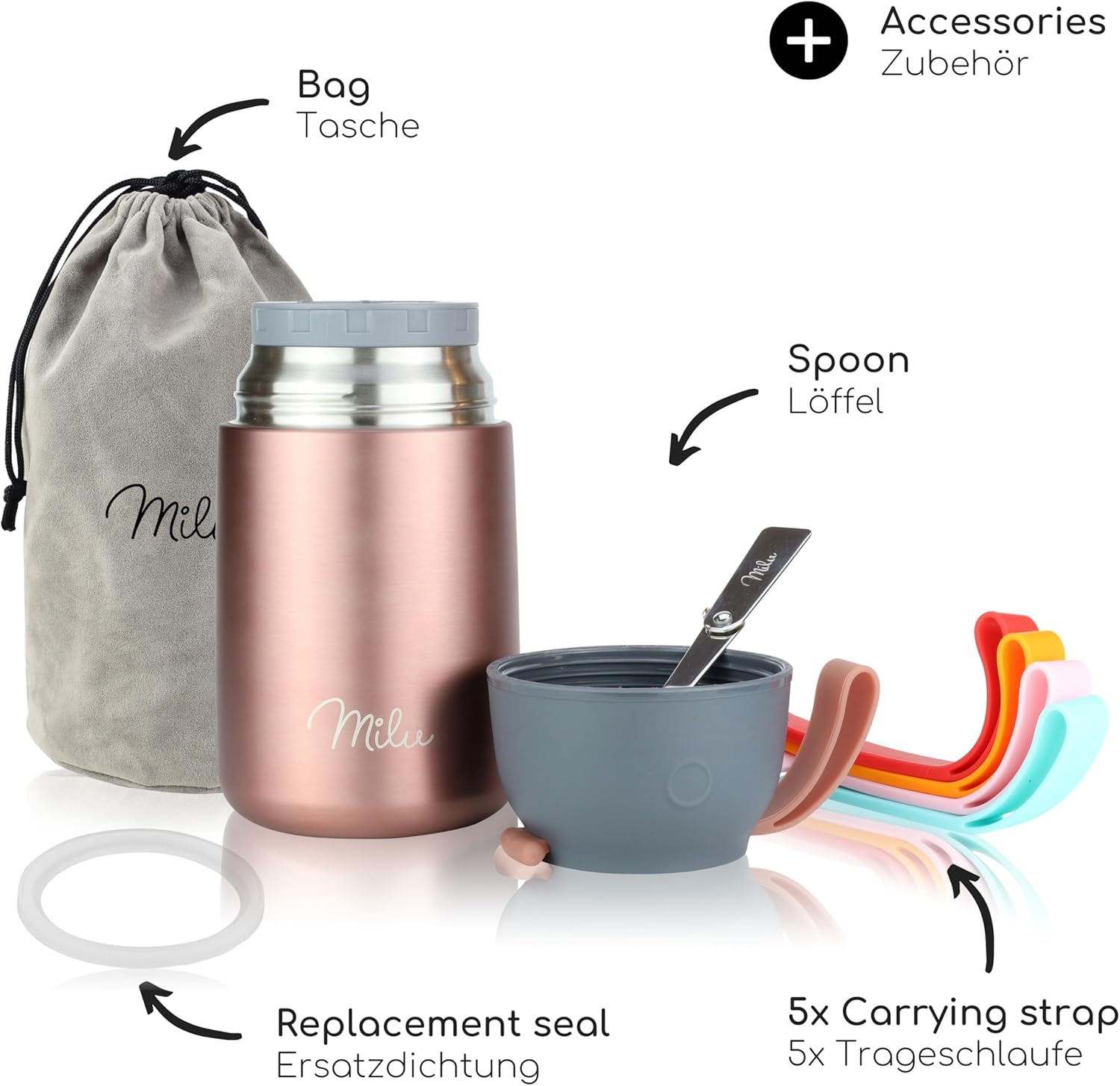 Milu Thermobehälter für Lebensmittel I 450 ml I Warmhaltebehälter aus Edelstahl mit Löffel, Thermobecher Essen, Thermo-Lunchbox für Kinder, Erwachsene, Thermobox Suppen, Babybrei, Essensbehälter Roségold, 450 ml – Bild 5