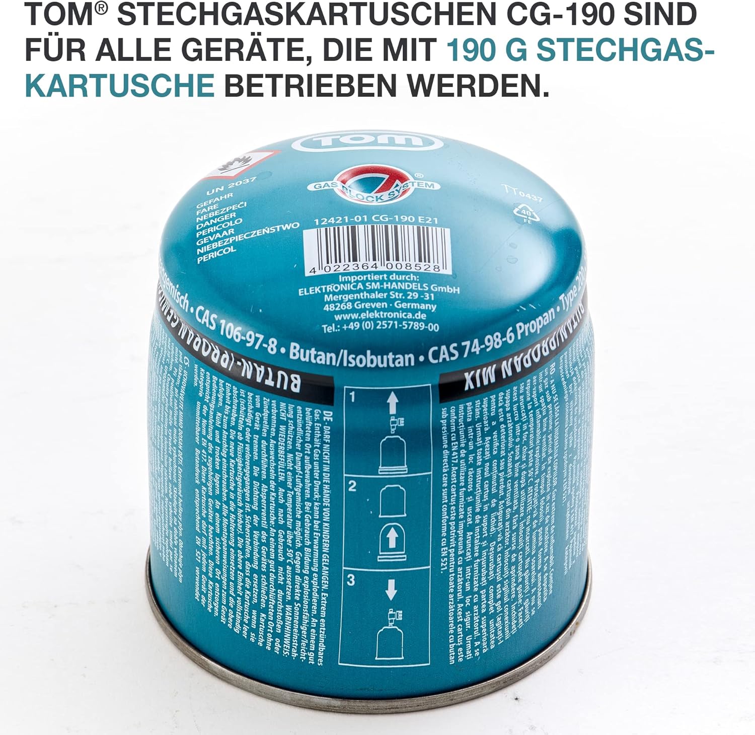 TOM 6 x 12 x oder 48 x 190 g Gaskartuschen, Butangaskartuschen mit Sicherheitsventil, Butangaskartuschen, ideal für Ihren Campingkocher, Campinglampe oder für Lötbrenner, Abbrenngerät etc. – Bild 3