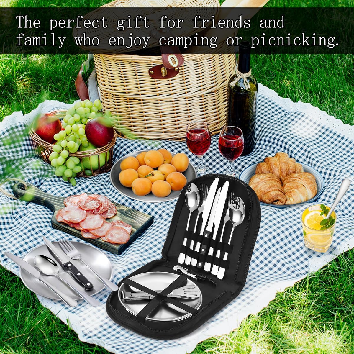 Camping-Geschirr-Set für 2 Personen, 12-teiliges tragbares Camping-Besteck-Set aus Edelstahl für Camping, Picknick, Reisen, inklusive Bestecktasche, Edelstahl-Gabeln, Messer und Löffel, wiederverwendbar – Bild 3