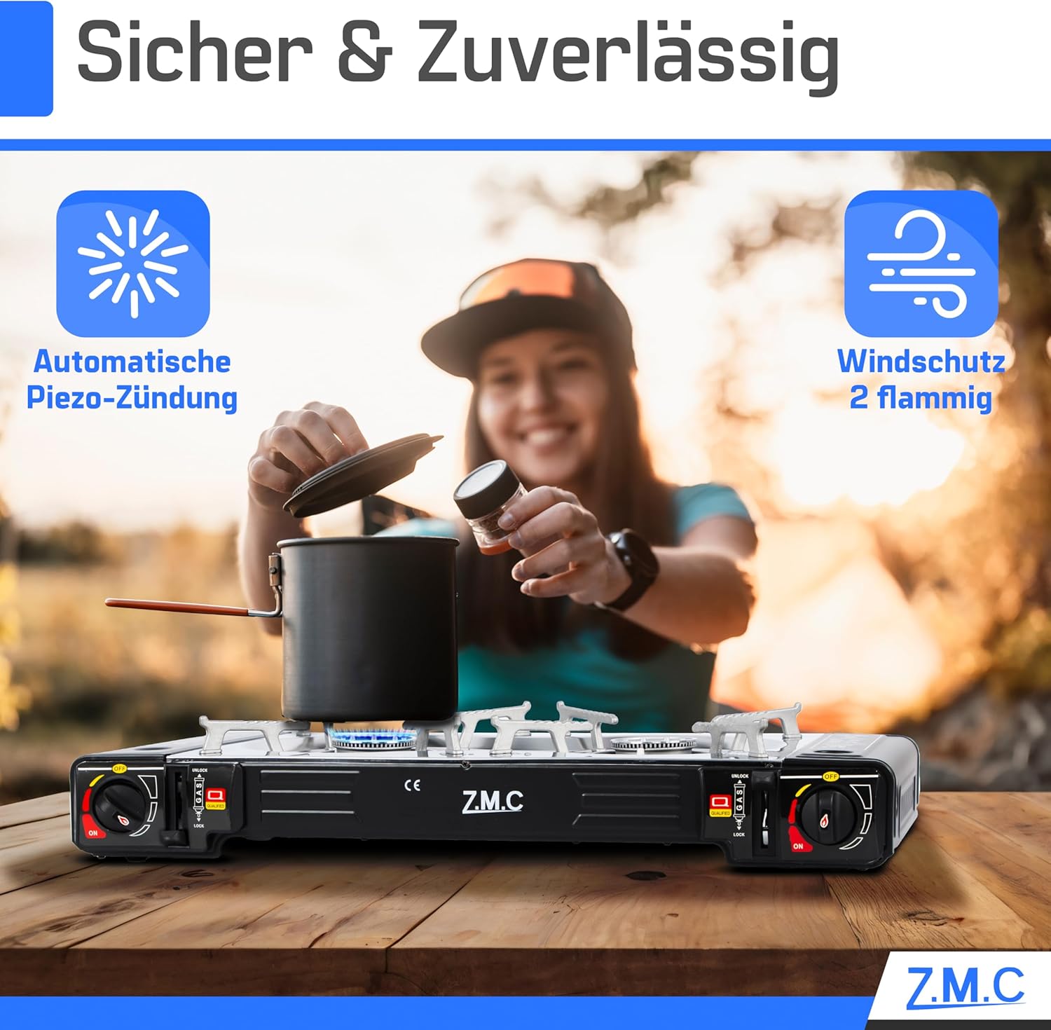 ZMC Gaskocher 2-flammig, 2 x 2,5 kW, LPG-Adapter + Aufbewahrungskoffer, Campingkocher mit Piezo-Zündung, optional mit Grillplatte und Gaskartuschen, 227 g, für den Außen- und Innenbereich – Bild 6
