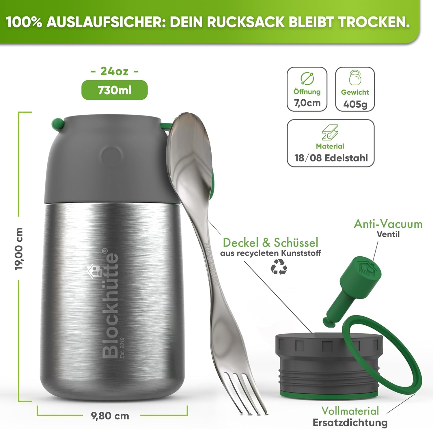 Blockhütte Isolierter Thermobehälter aus Edelstahl, 530 ml - 730 ml, mit Bürste & Göffel, Thermo-Lunchbox für Erwachsene & Kinder, Thermobecher, Babybrei & Müsli – Bild 5