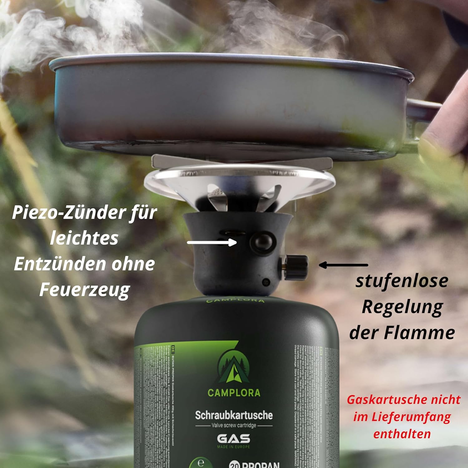 CAMPLORA Campingkocher mit Piezozündung für Schraubkartuschen, Gaskocher, Propangaskocher, Butangaskocher – Bild 2