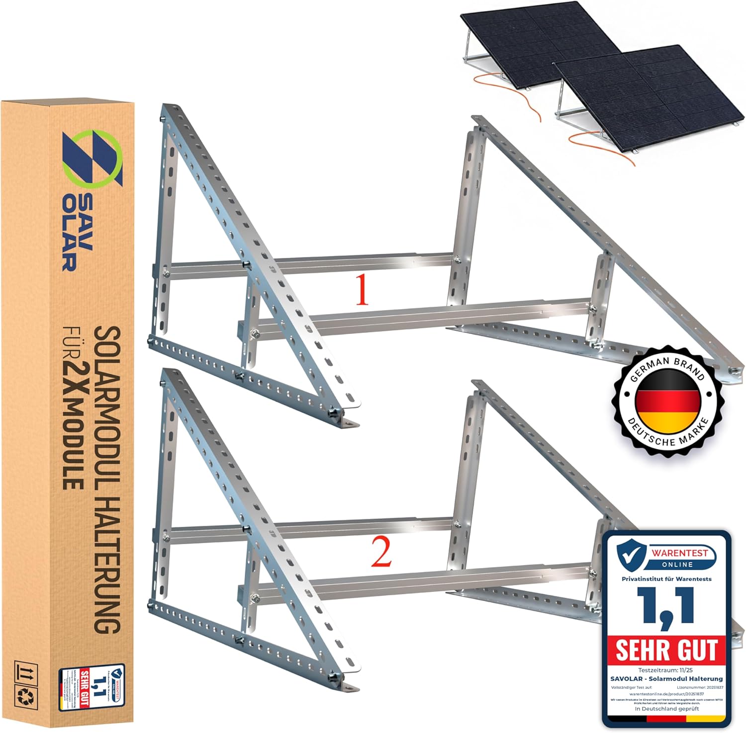 Solarpanel-Halterung, 2 Stück, Aluminium & Edelstahl, Wandmontage, für Balkonkraftwerk bis 117 cm, Winkel verstellbar 0–90°, kompatibel mit Solarmodulen 100 W–600 W Breite