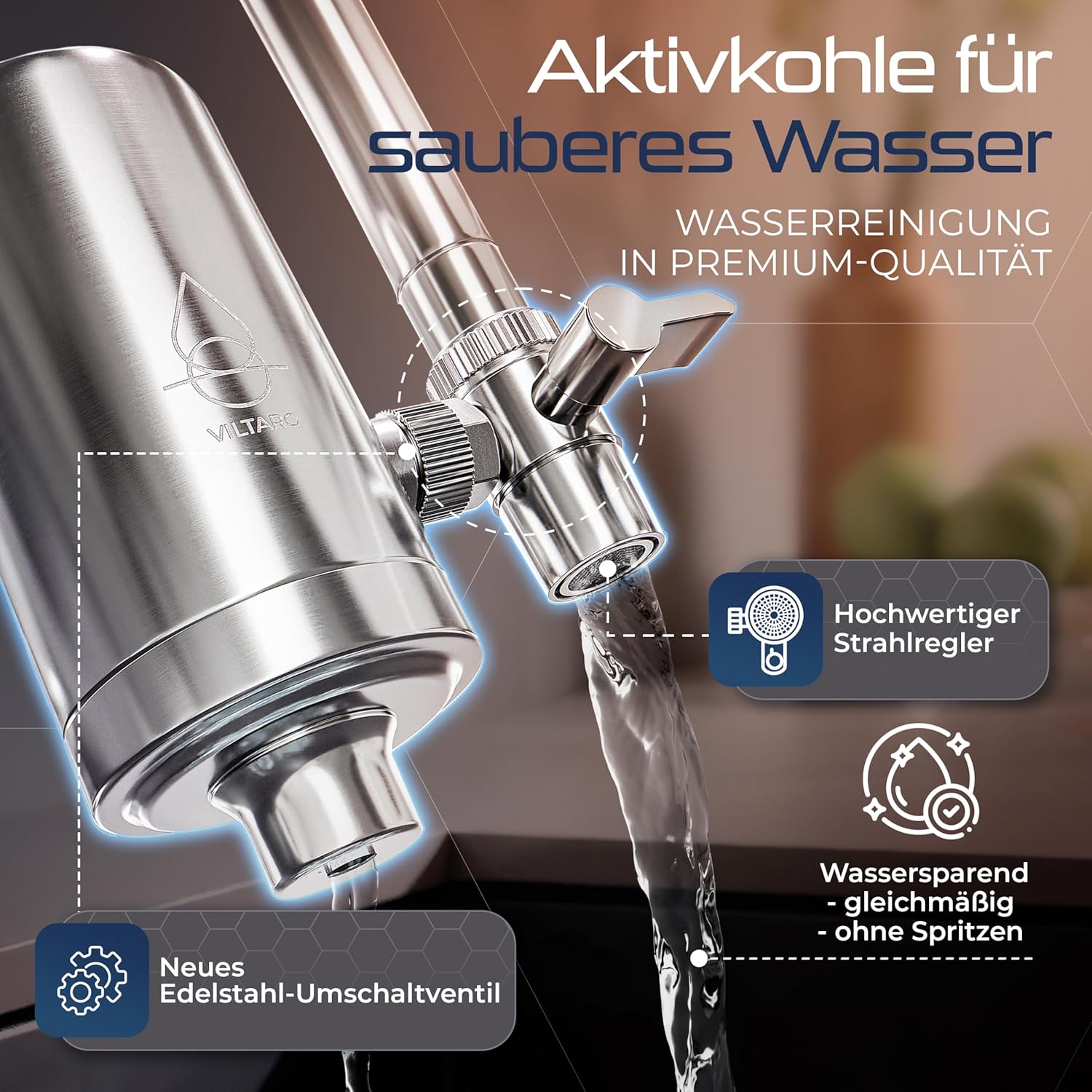 VILTARO Wasserfilter-Wasserhahn mit Kalkschutz – nur 2 Cent/Liter Trinkwasser, BPA-frei, Edelstahl, wassersparender Luftsprudler, Aktivkohle, Filter-Wasserhahn, Wasserhahnfilter für Trinkwasser – Bild 2