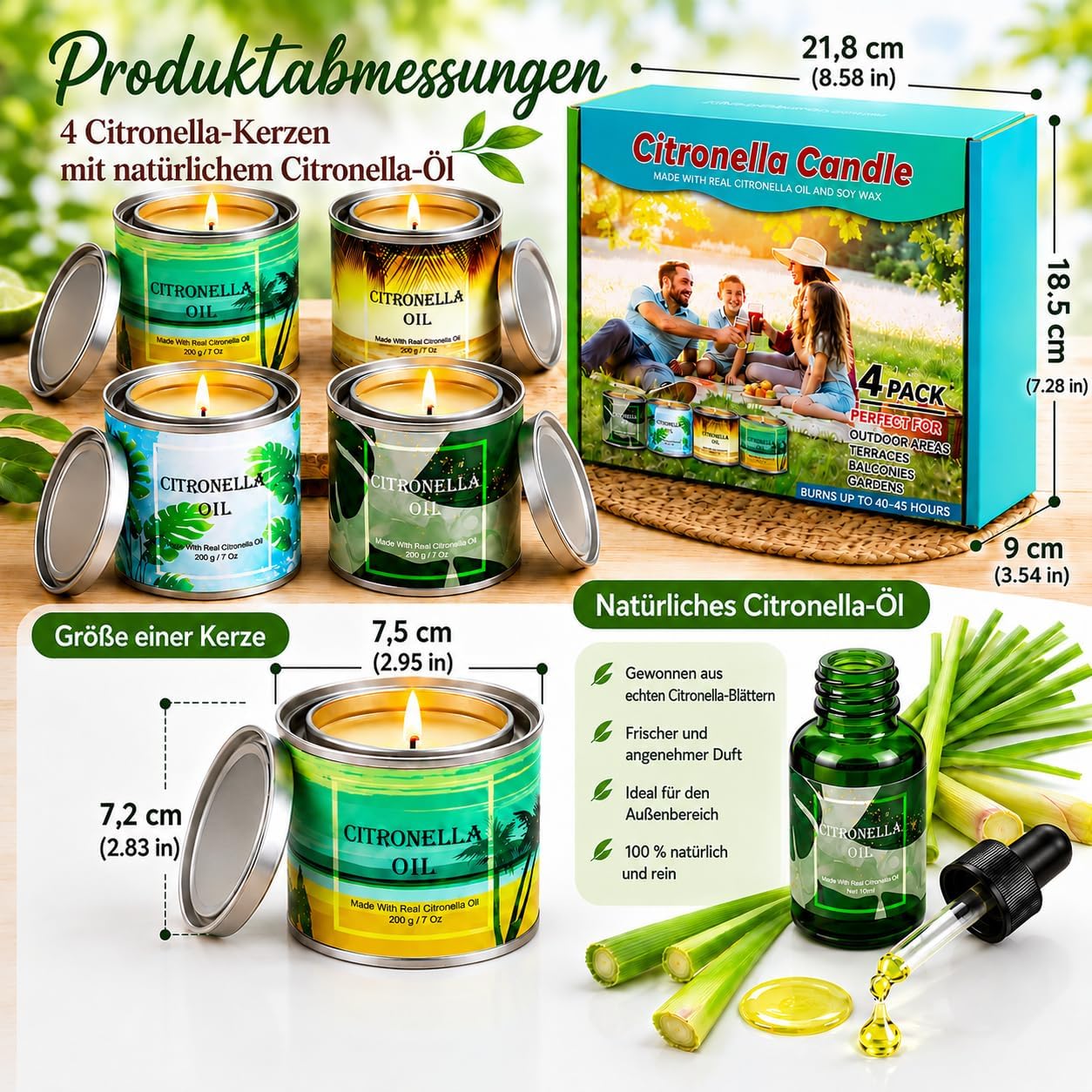 Creashine Citronella Kerzen Outdoor 4er Set, 800g Sojawachskerzen mit Zitronengrasduft, lange Brenndauer für Garten, Balkon, Terrasse, Camping und Outdoor-Aktivitäten – Bild 4