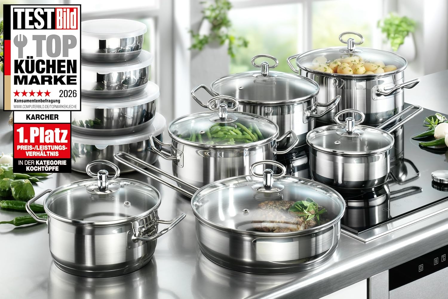 Karcher Jasmin 121008 20-teiliges Kochgeschirr-Set mit Brattopf und 4 Schüsseln aus Edelstahl für Induktion – Bild 2