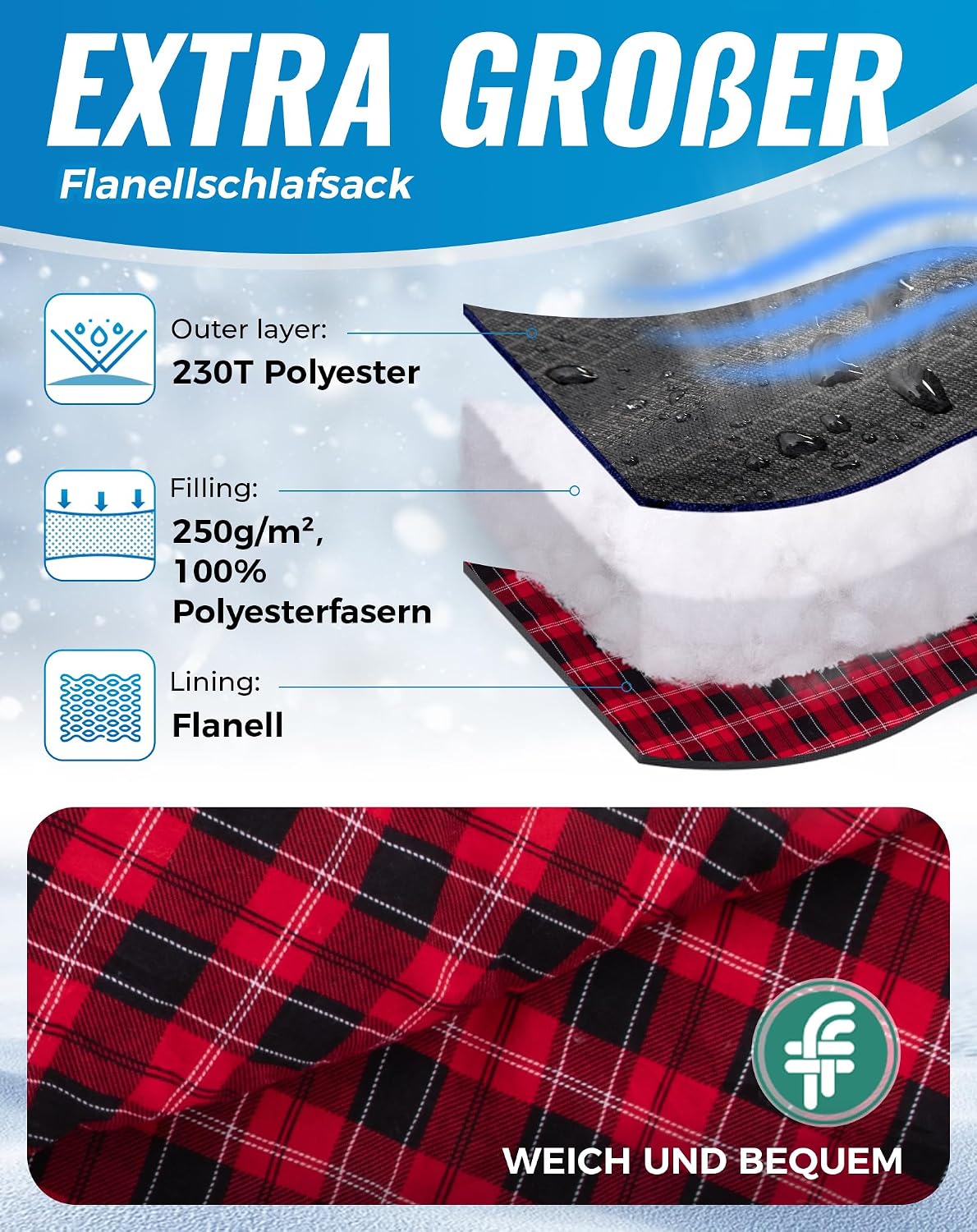 KingCamp Schlafsack XXL Baumwolle Flanell Erwachsene Übergröße | Deckenschlafsack für Winter&Sommer.Extra breit 220x100cm für Bewegungsfreiheit.Ideal Camping Outdoor – Bild 4