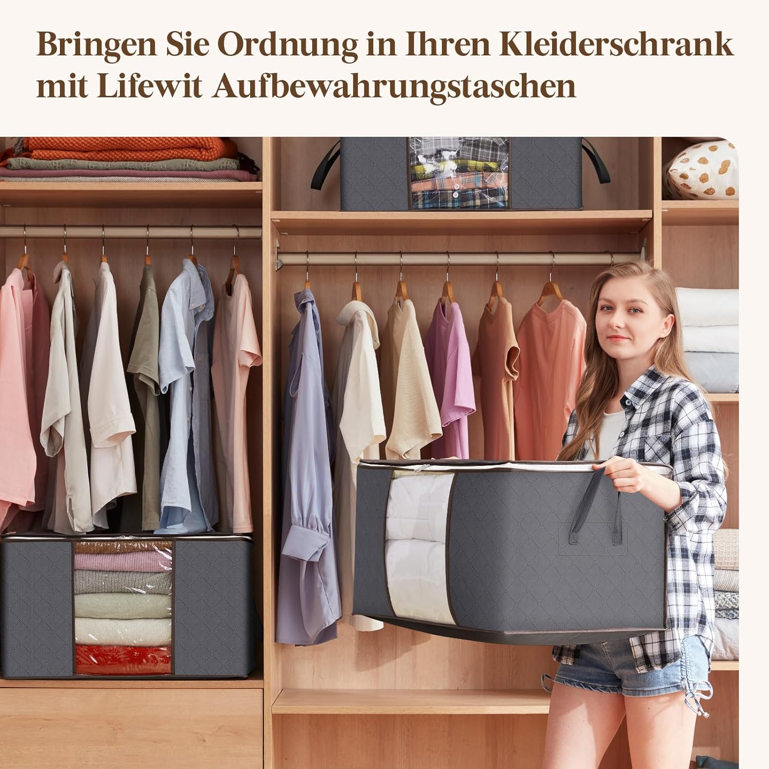 Lifewit 4 Stück Aufbewahrungstaschen, Aufbewahrungsboxen mit Deckel, Kleiderschrank-Organizer, faltbare Kleideraufbewahrung, Umzugskartons mit verstärktem Griff für Bettdecken, Kleidung, Decken, Grau, 60 l – Bild 10