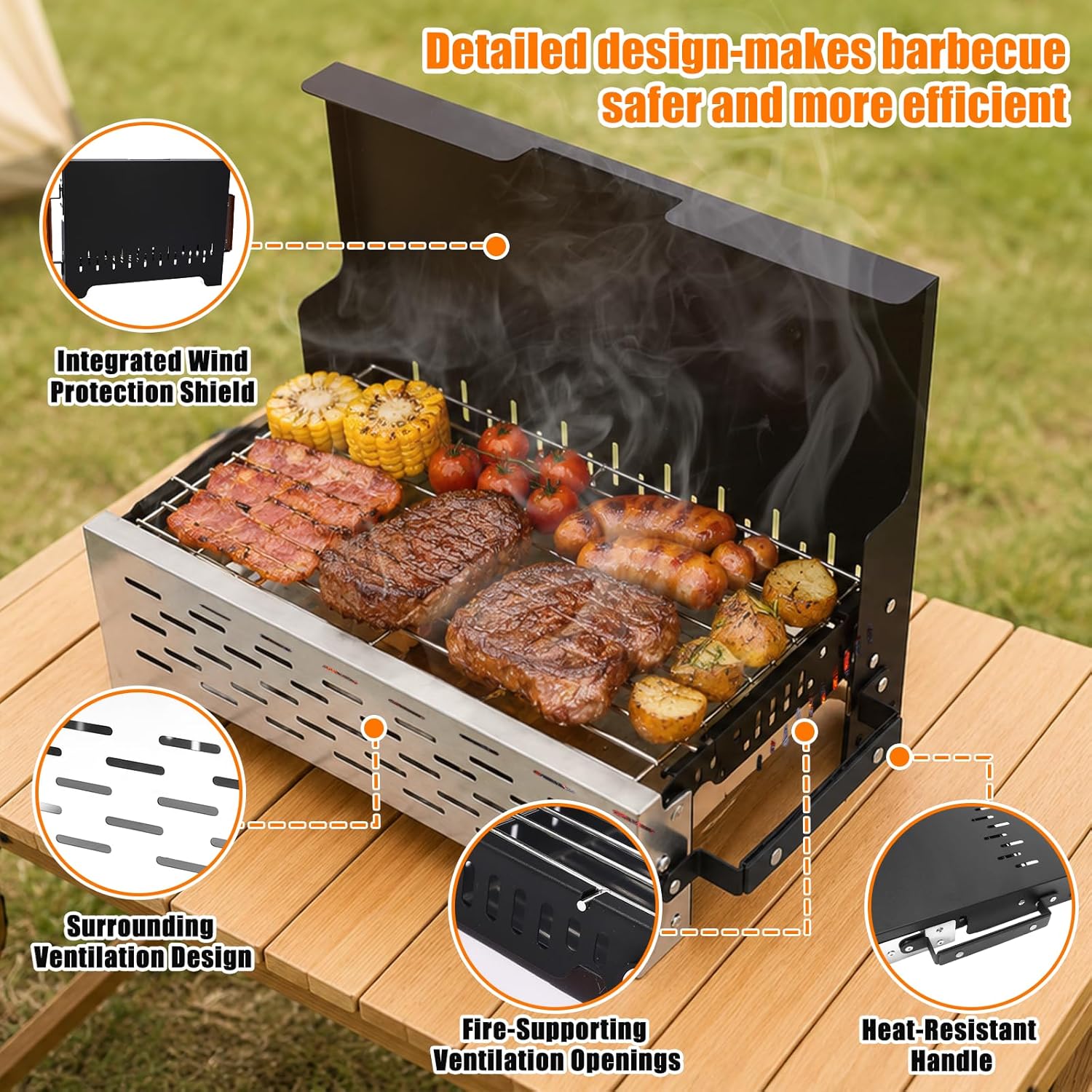 GFTIME Klappgrill mit Tasche, Holzkohlegrill, Tischgrill für Grillen im Freien, tragbarer faltbarer Grill aus Edelstahl mit Tragetasche für Camping, Picknick, Kochen im Garten und Terrasse – Bild 4