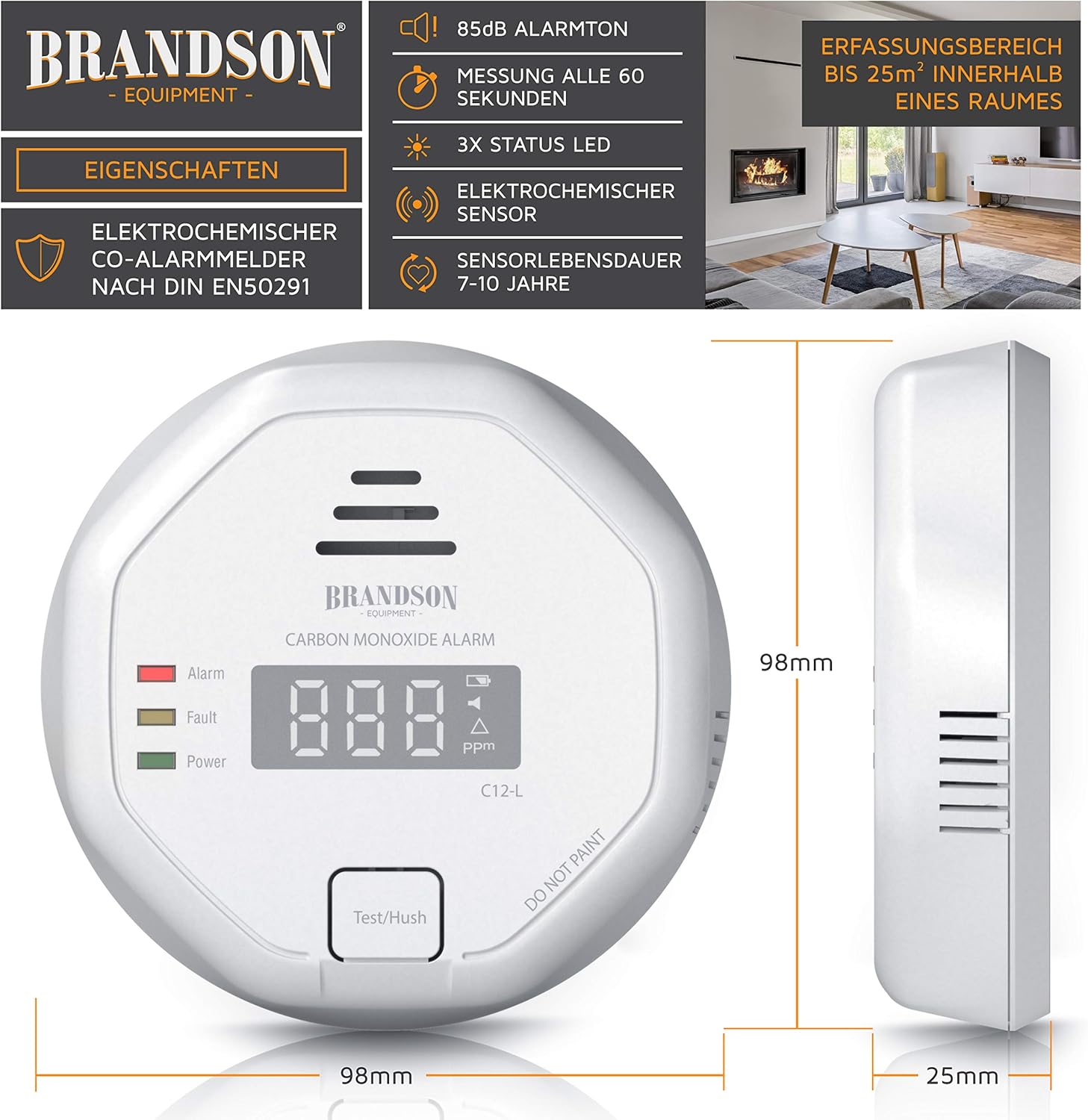 Brandson – Kohlenmonoxidmelder CO-Alarm – Kohlenmonoxidmelder – LCD-Display – lauter Alarm 85 dB – Testschalter – DIN EN50291 zertifiziert – batteriebetrieben – Weiß – Bild 2
