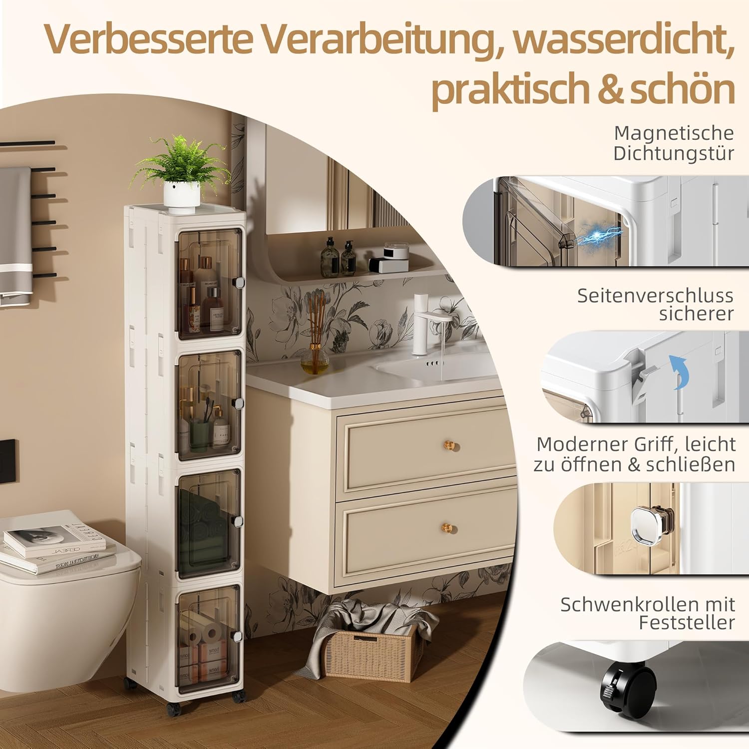 NETEL Stapelbox mit Tür und Rollen, schmaler Badezimmerschrank, Beistellschrank, Badezimmermöbel, Hochschrank, Badezimmer, 22 B x 25,5 T x 126 H cm – Bild 4