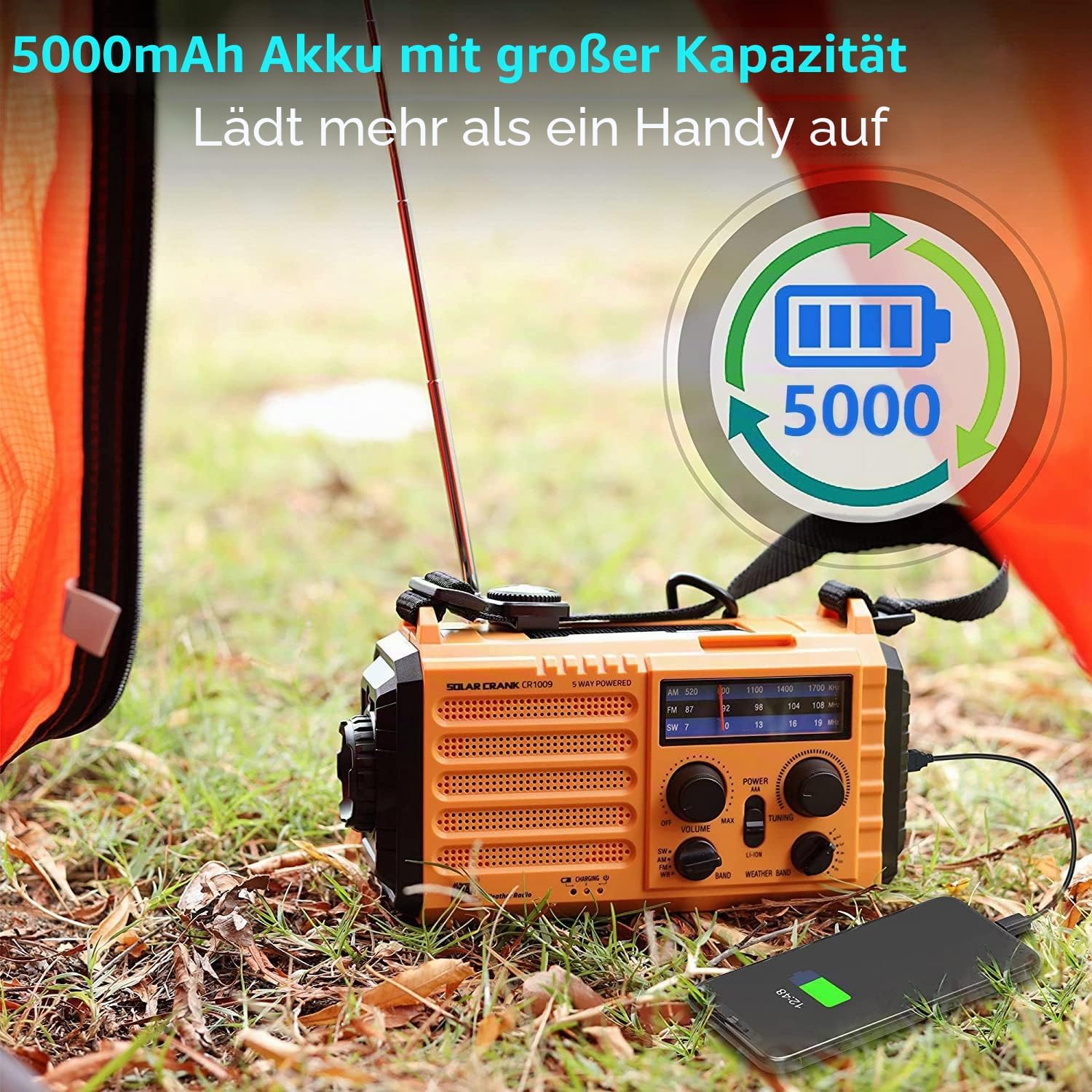 Tragbares Solarradio, Notfallradio mit Kurbel, Dynamo-Wetter-AM/FM/SW-Radio, wiederaufladbare 5000-mAh-Powerbank, USB-Telefonladegerät, LED-Taschenlampe und Leselampe, SOS-Alarm, Kompass für Camping im Freien – Bild 3
