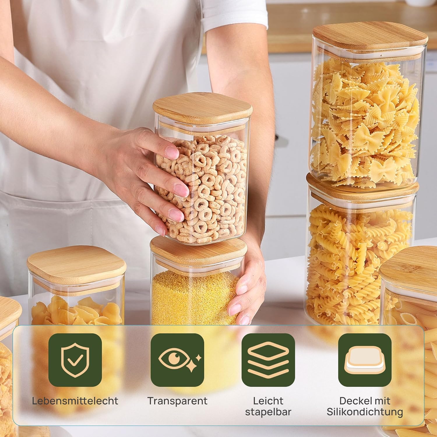 Vtopmart Set mit 12 Vorratsgläsern mit Deckel, 2 Größen: 1200 ml x 6, 600 ml x 6, Vorratsgläser aus Glas mit Deckel, Vorratsdose mit Holzdeckel zur Spaghetti-Aufbewahrung – Bild 3